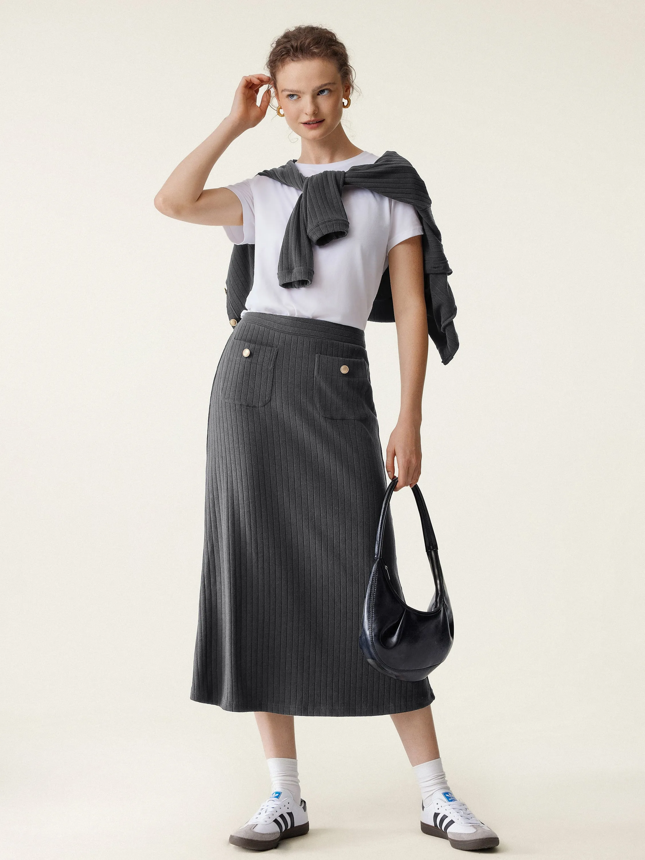 Wide Rib Gold Button Midi Skirt sold by ogl move