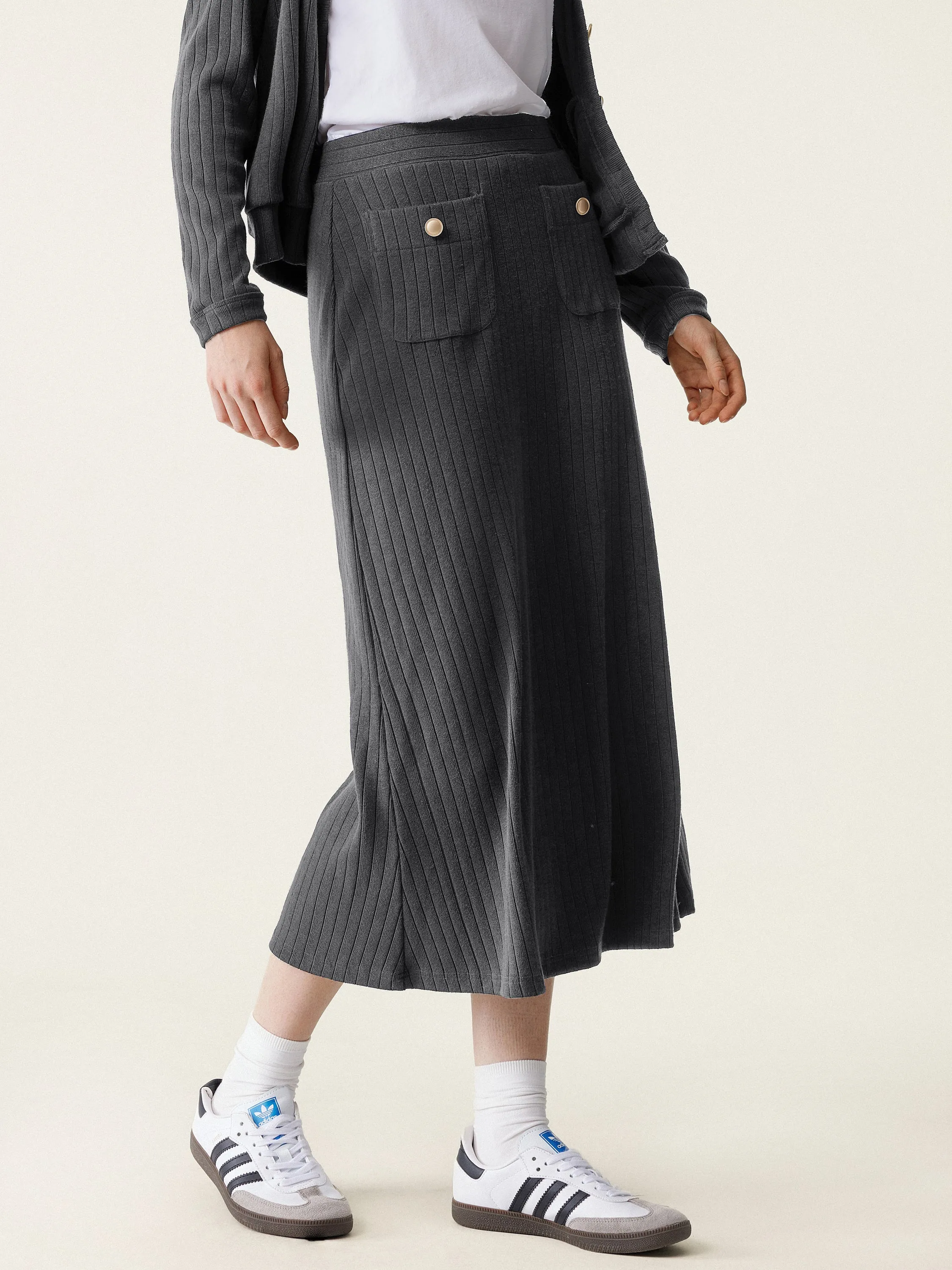 Wide Rib Gold Button Midi Skirt sold by ogl move product image thumbnail 4