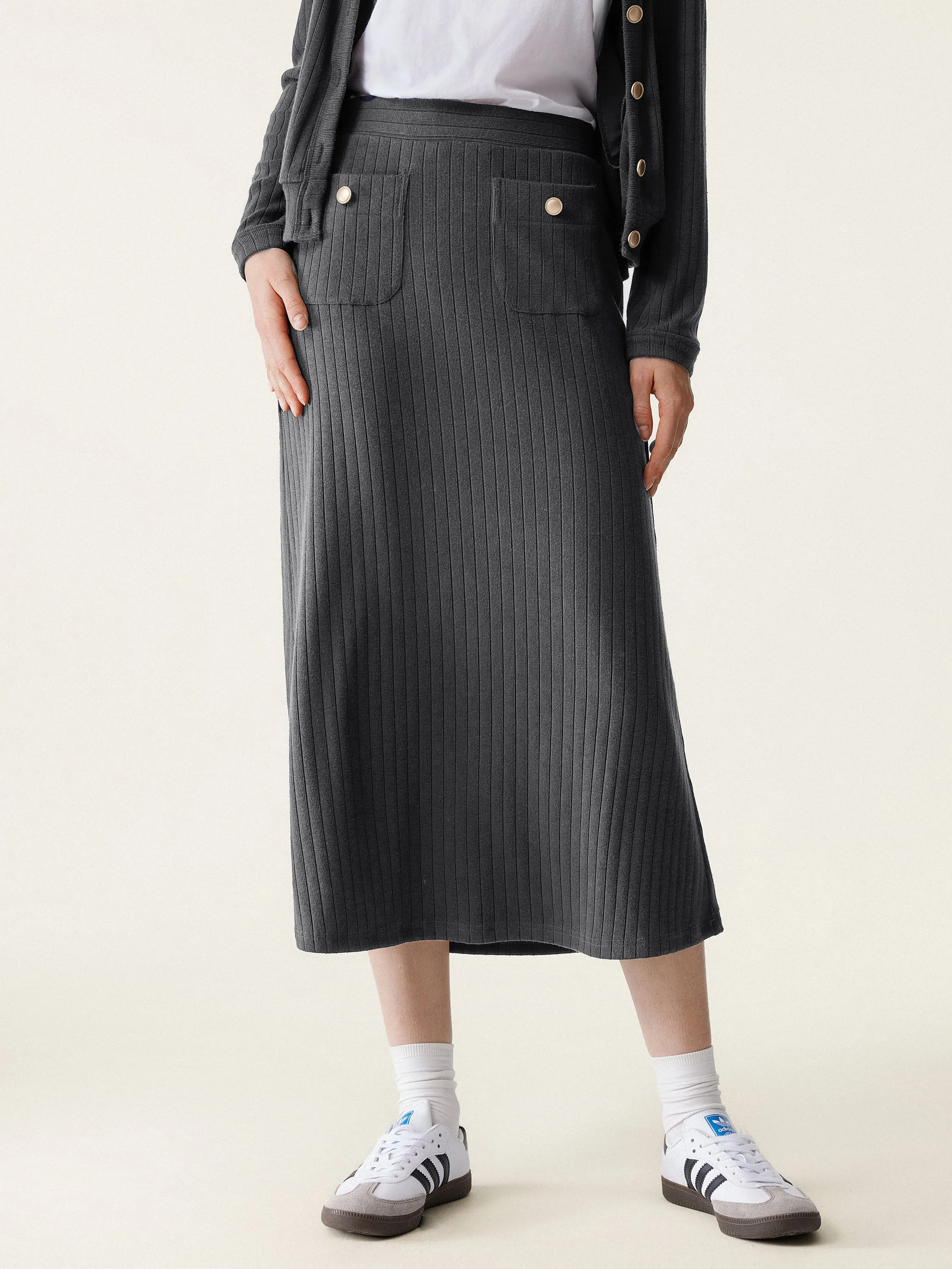 Wide Rib Gold Button Midi Skirt sold by ogl move product image thumbnail 5