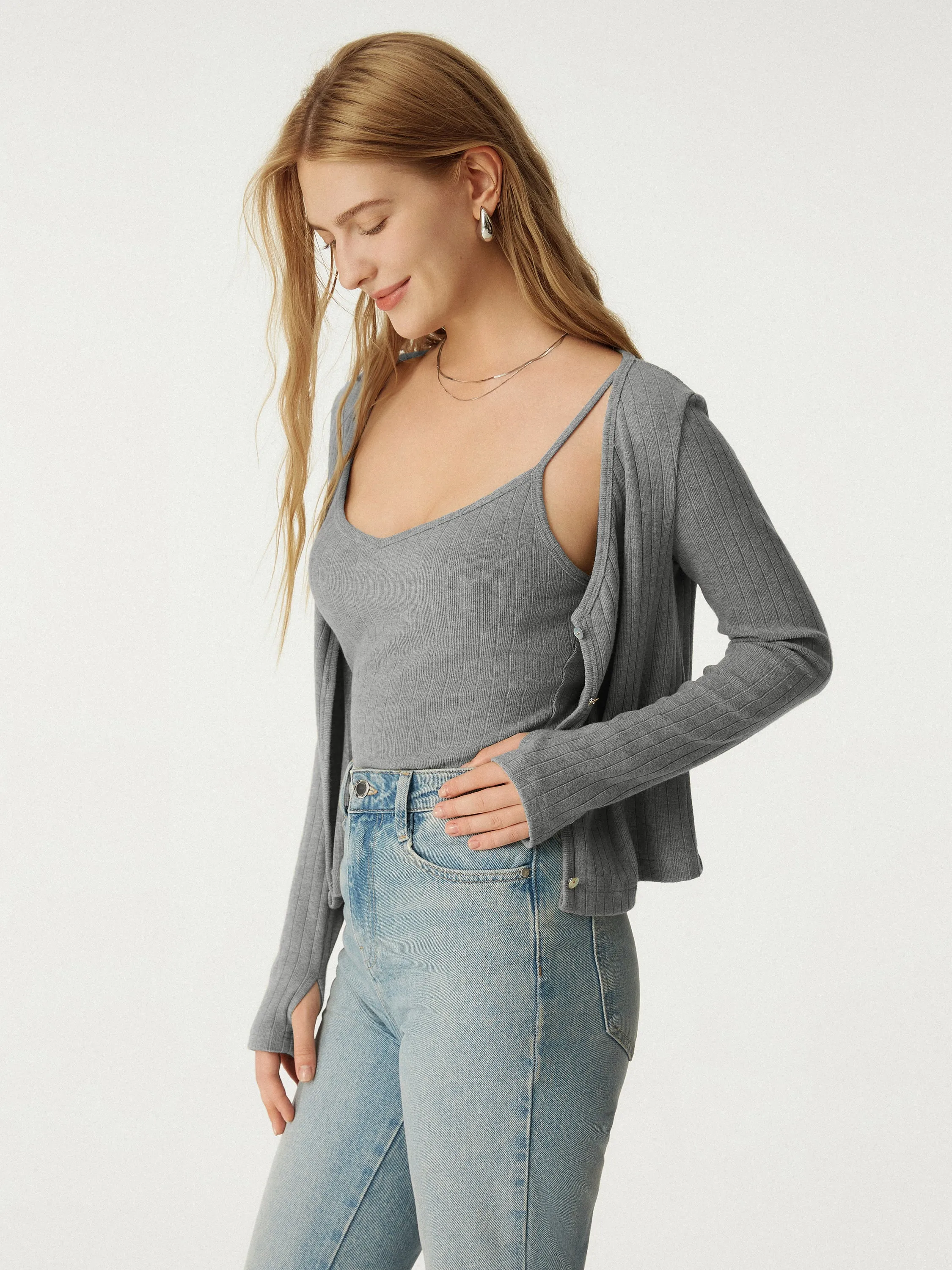 2Pcs Set Wide Rib Cardigan & V-Neck Brami sold by ogl move product image thumbnail 3