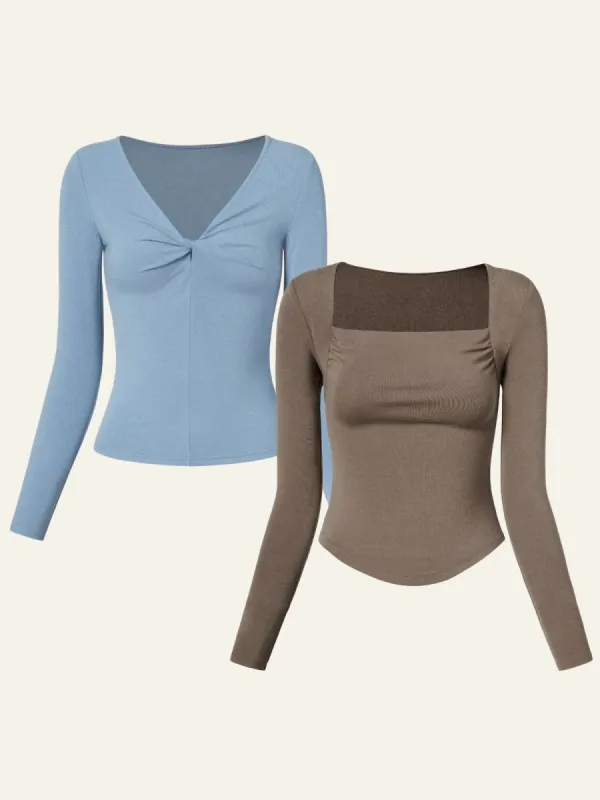 Merino Wool Blend Front Twist Long Sleeves Top & Eco-Mousse® Thermal Cowl Neck Top 2Pcs Set sold by ogl move