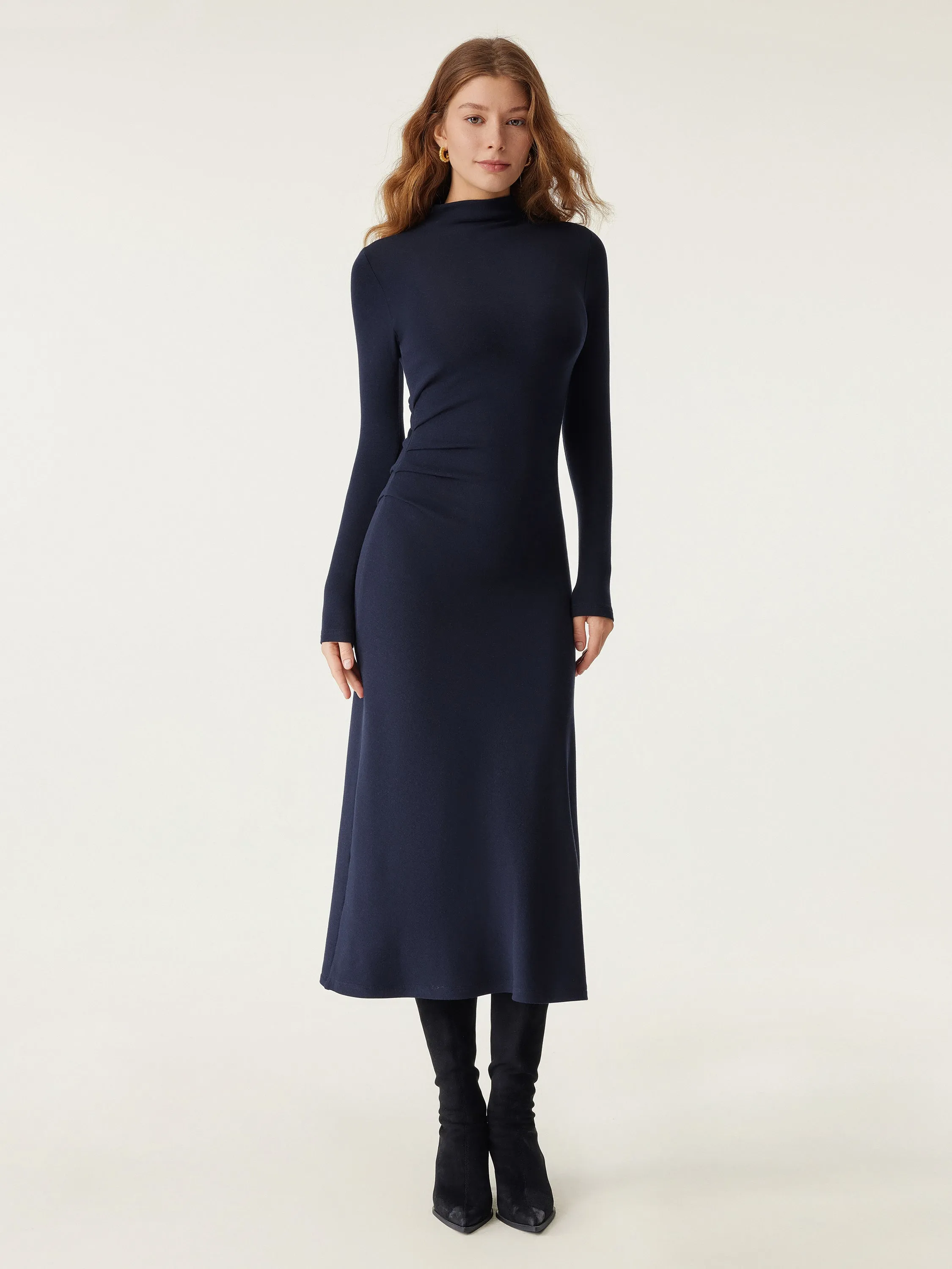 ProWarm Long Sleeves Mockneck Tucks Midi Dress sold by OGLmove