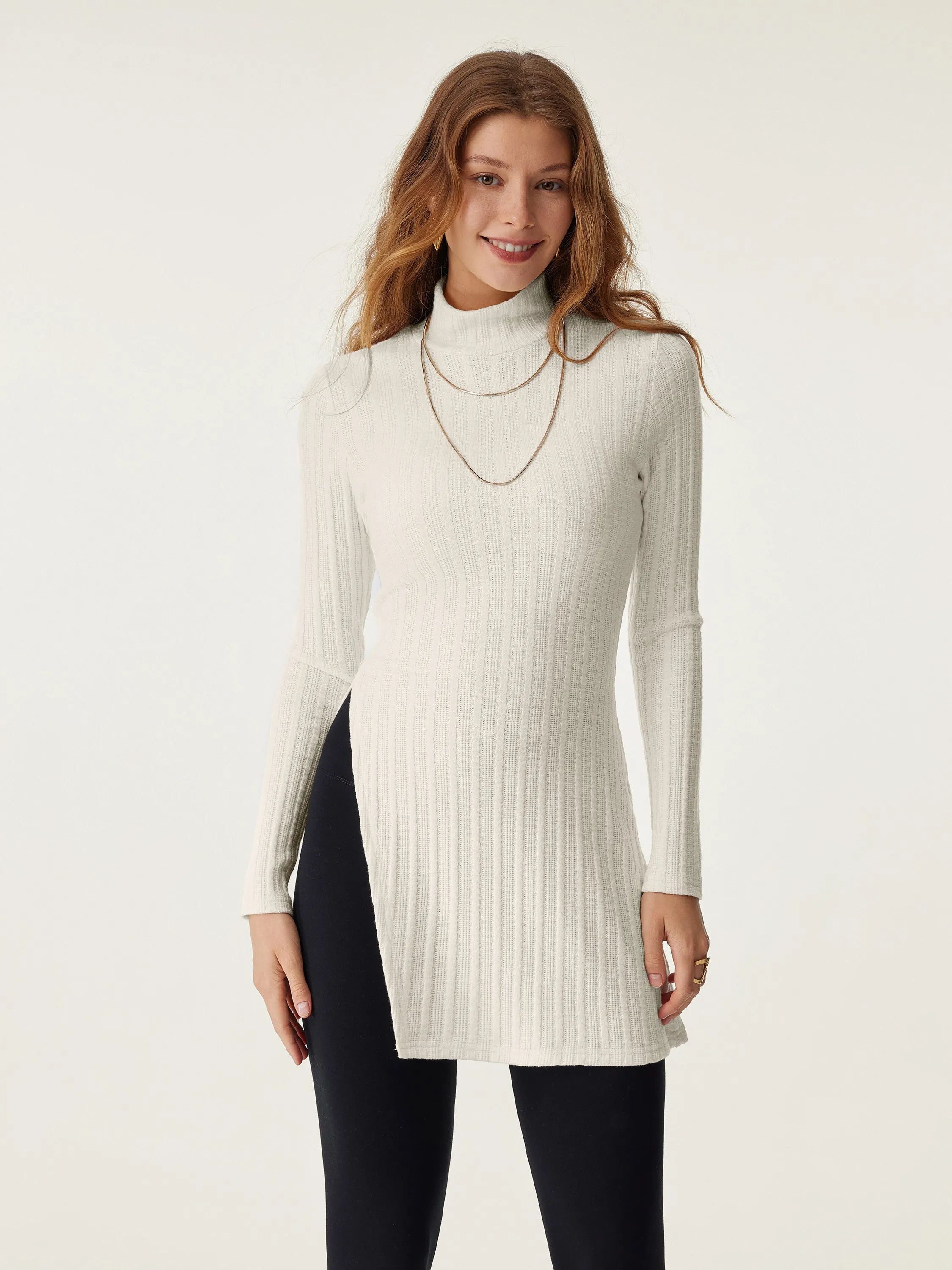 Cable Texture Mockneck Side Slit Tunic Top sold by ogl move product image thumbnail 2