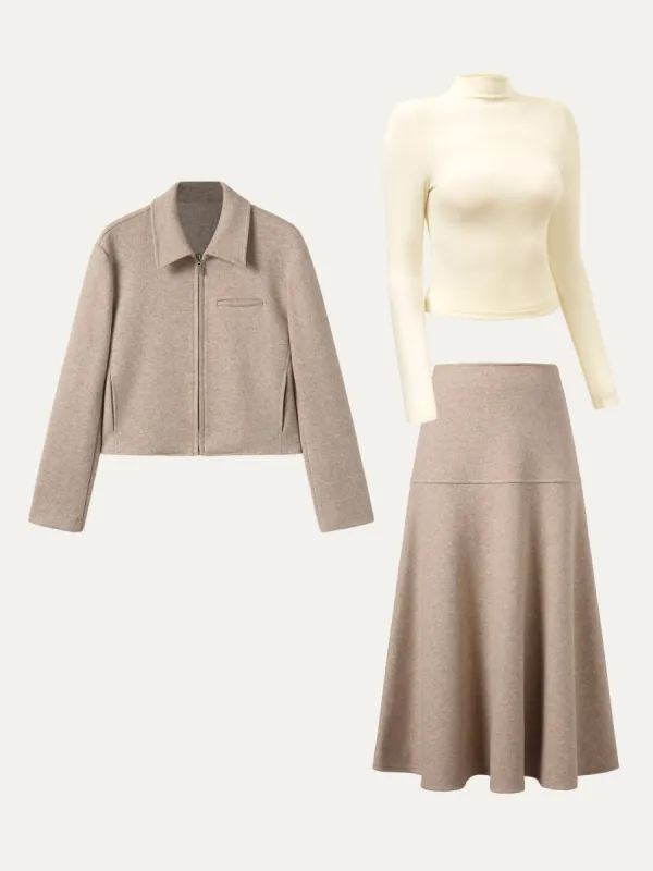 3Pcs Set Mock Neck Crop Top & Cropped Jacket & Flared Maxi Skirt sold by ogl move