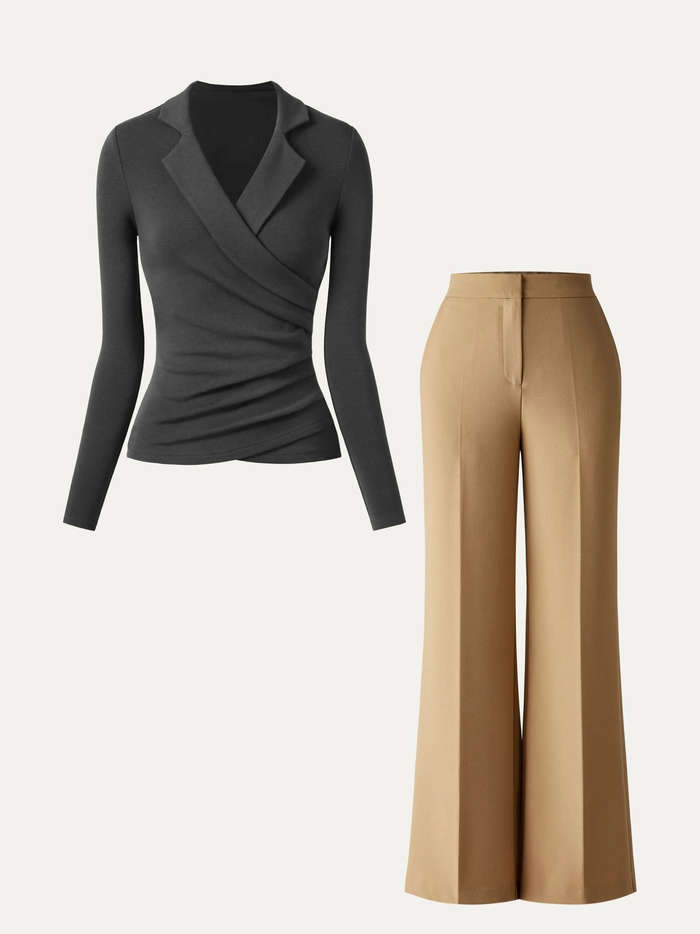 2Pcs Set Collared Surplice Top & Effortless Slim Straight Leg Work Pants sold by ogl move product image thumbnail 5