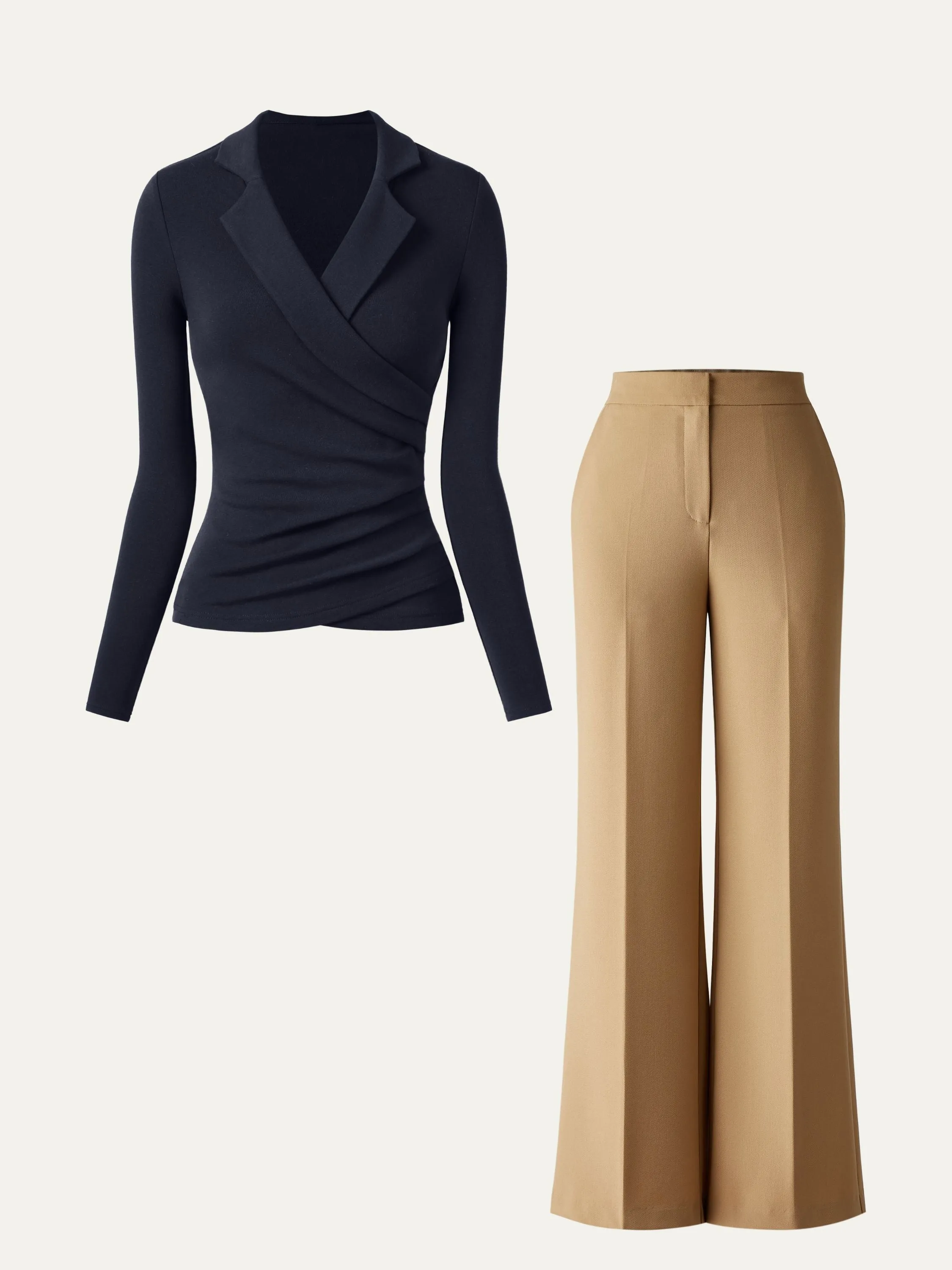 2Pcs Set Collared Surplice Top & Effortless Slim Straight Leg Work Pants sold by ogl move product image thumbnail 2