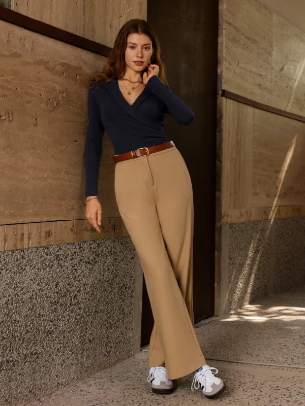 2Pcs Set Collared Surplice Top & Effortless Slim Straight Leg Work Pants sold by ogl move