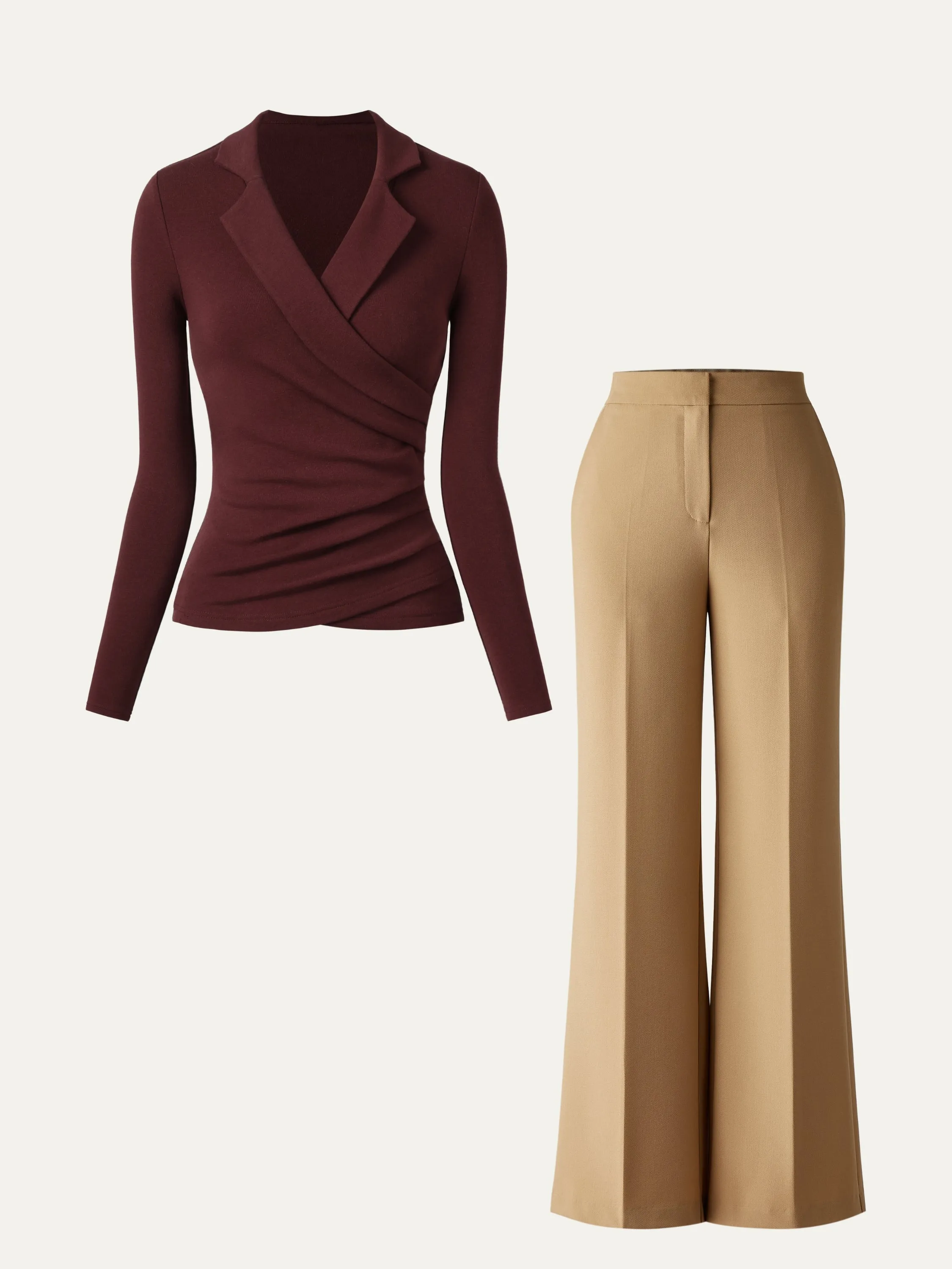 2Pcs Set Collared Surplice Top & Effortless Slim Straight Leg Work Pants sold by ogl move product image thumbnail 3