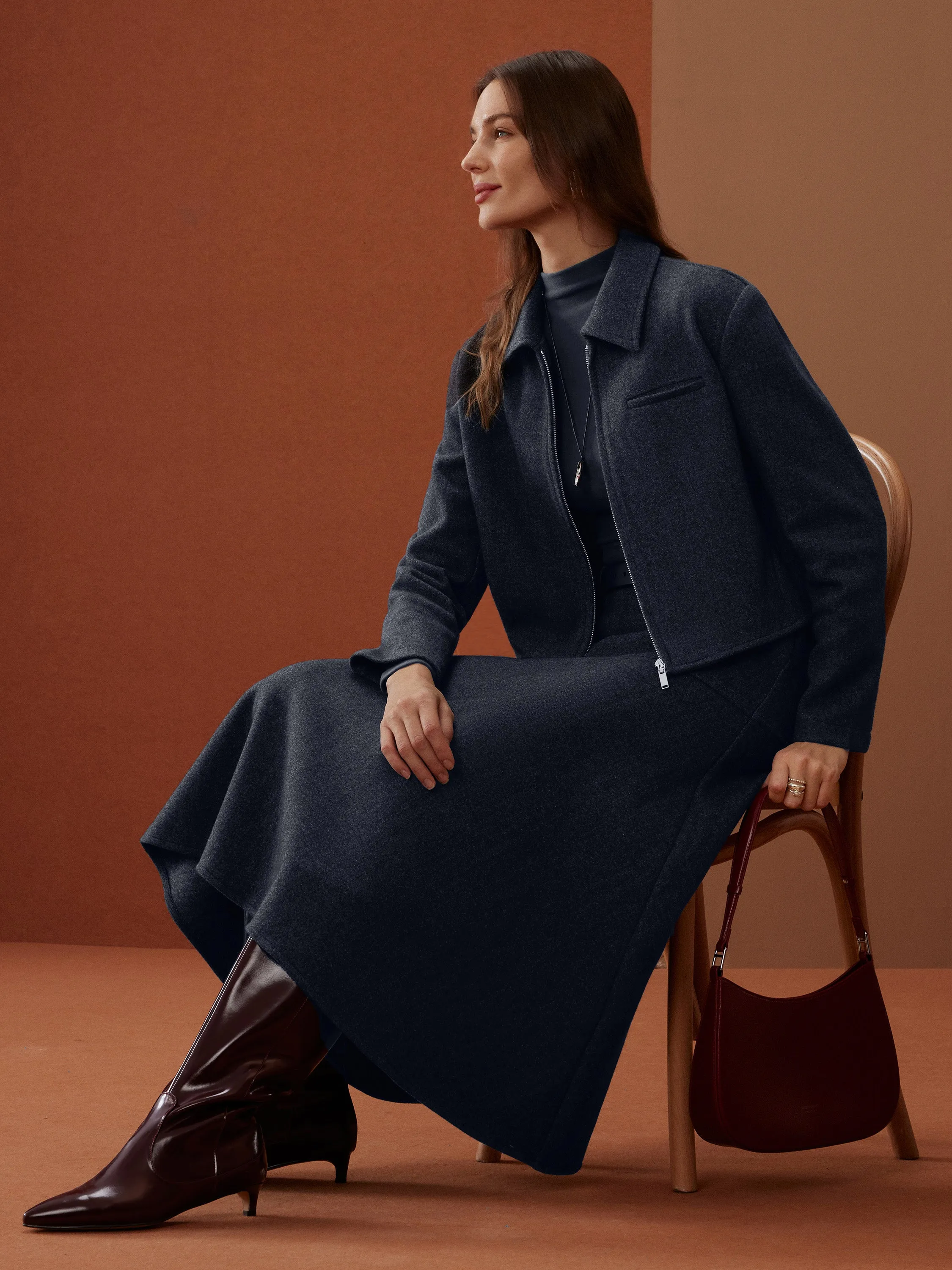 3Pcs Set Tuckable Mockneck Top & Cropped Jacket & Flared Maxi Skirt sold by ogl move