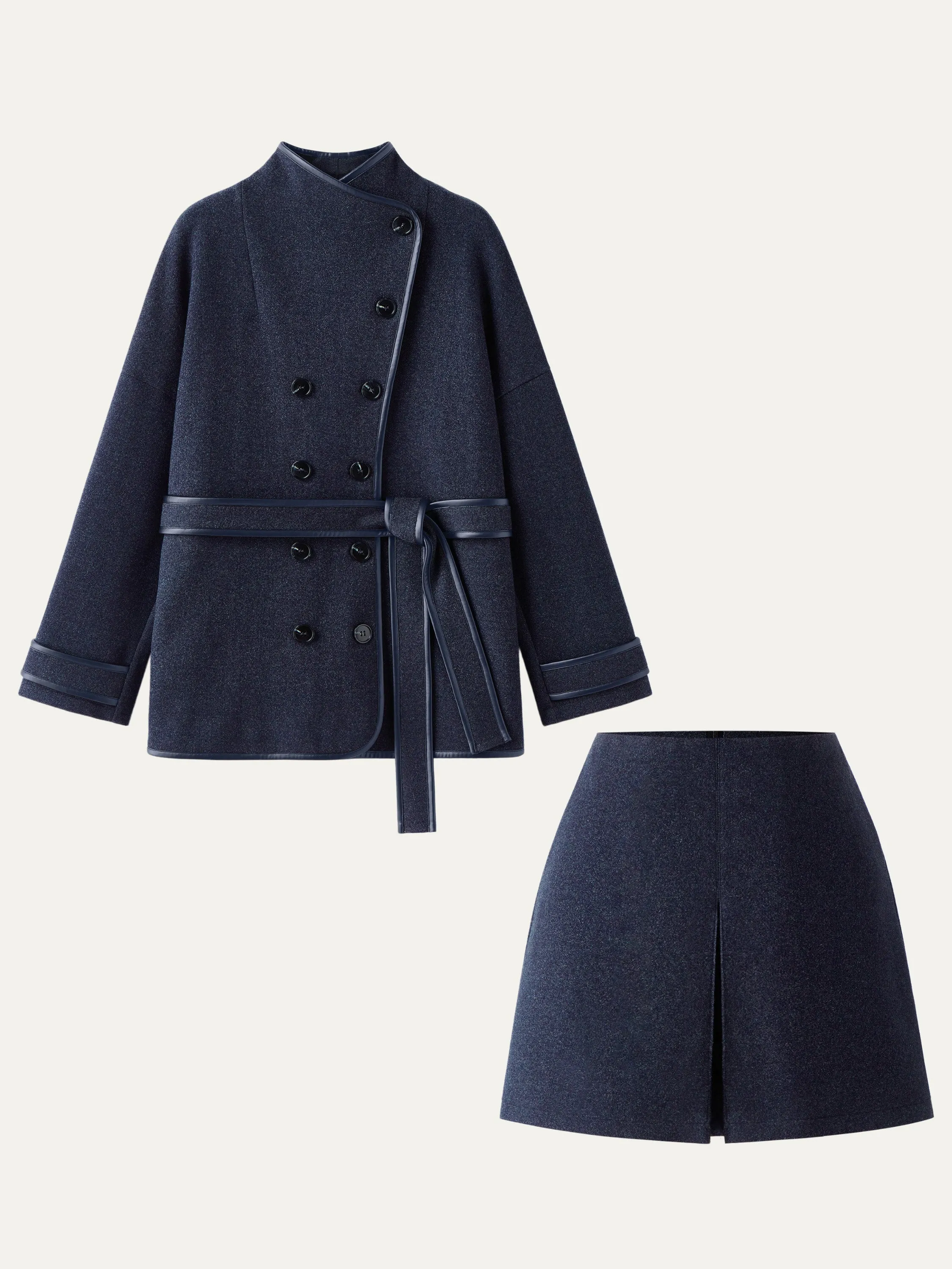 2Pcs Set Trimmed Coat With Belt & Vent Front Pull-On Skort sold by ogl move product image thumbnail 5