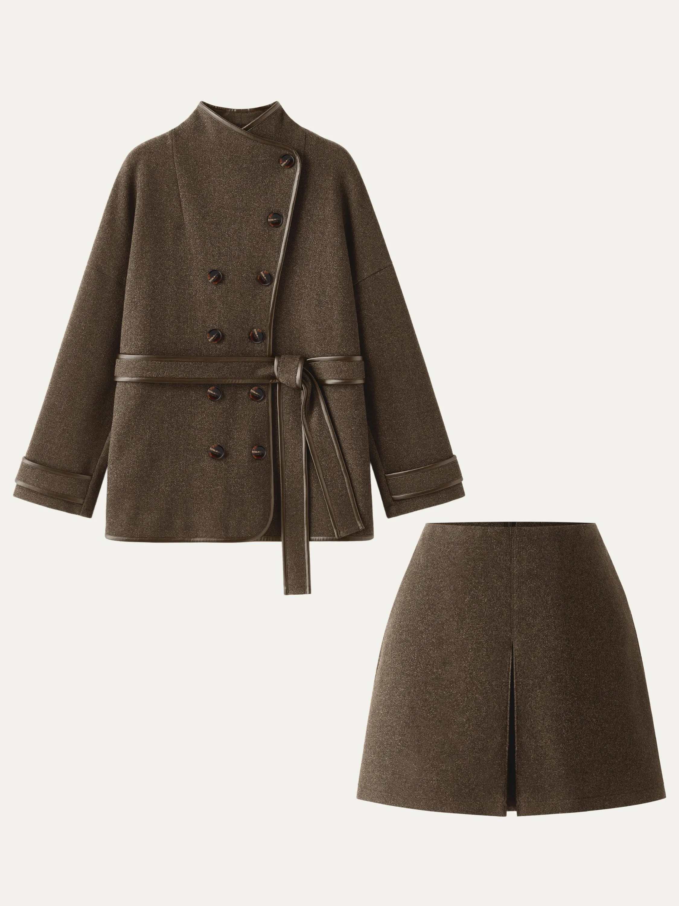 2Pcs Set Trimmed Coat With Belt & Vent Front Pull-On Skort sold by ogl move product image thumbnail 4