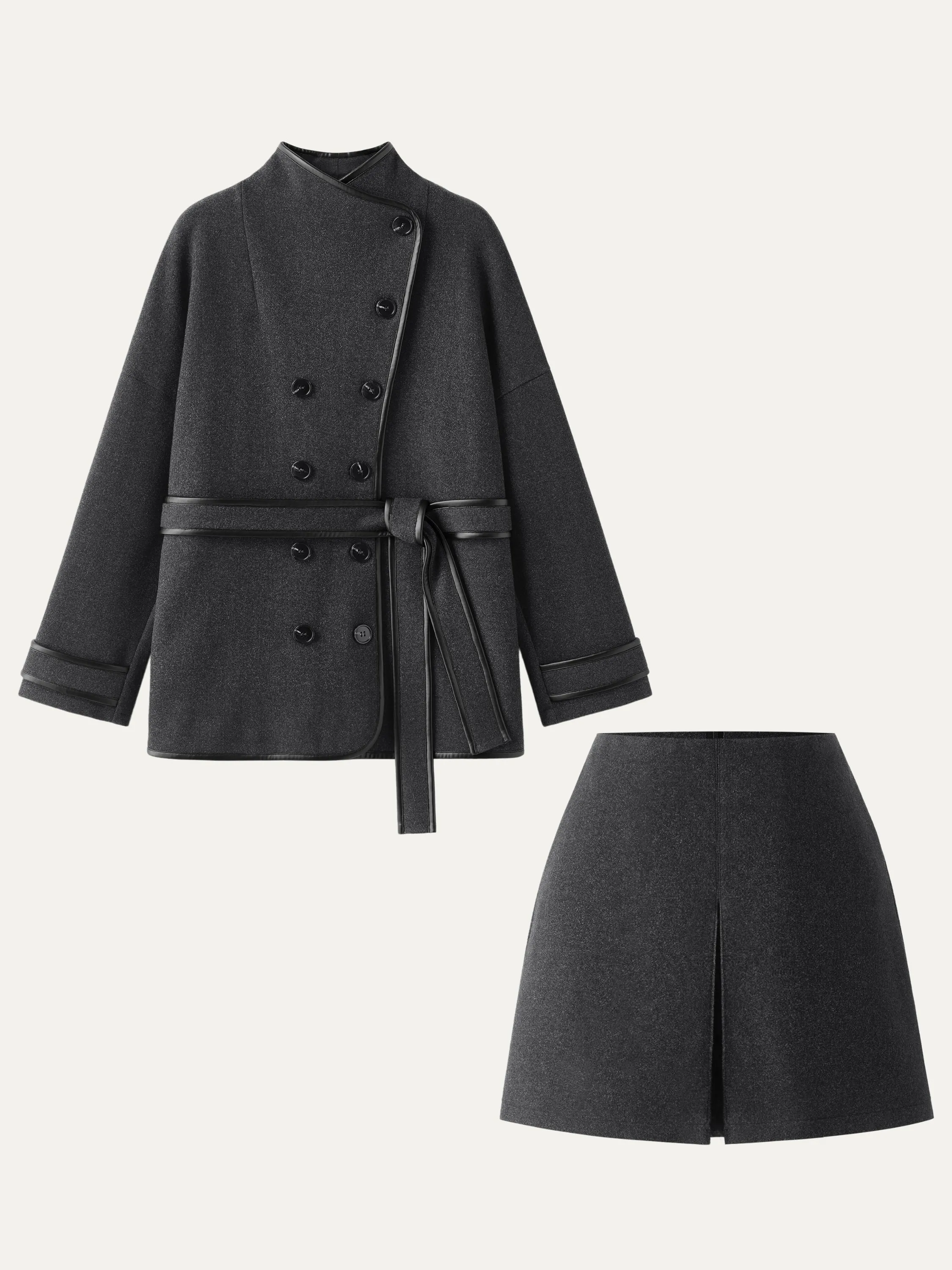 2Pcs Set Trimmed Coat With Belt & Vent Front Pull-On Skort sold by ogl move product image thumbnail 2