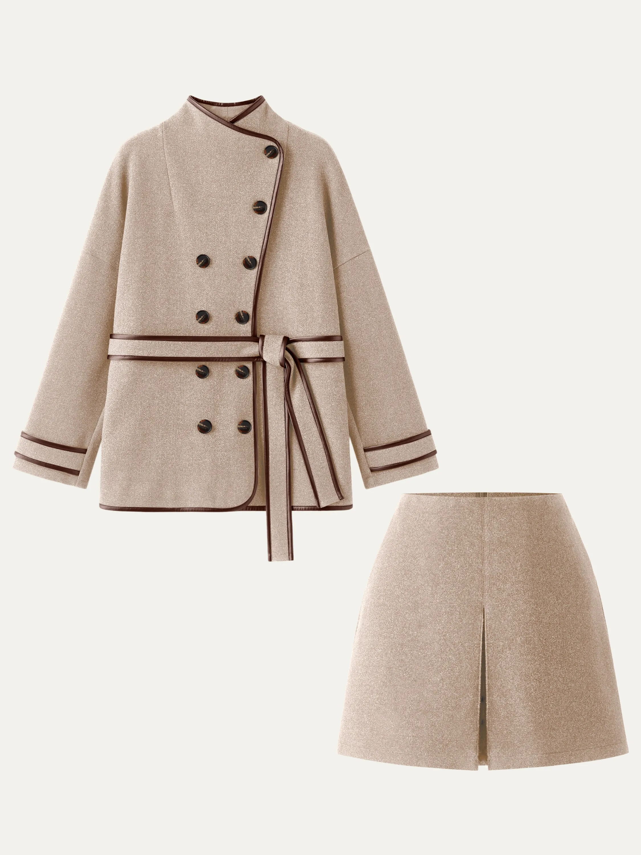 2Pcs Set Trimmed Coat With Belt & Vent Front Pull-On Skort sold by ogl move product image thumbnail 3