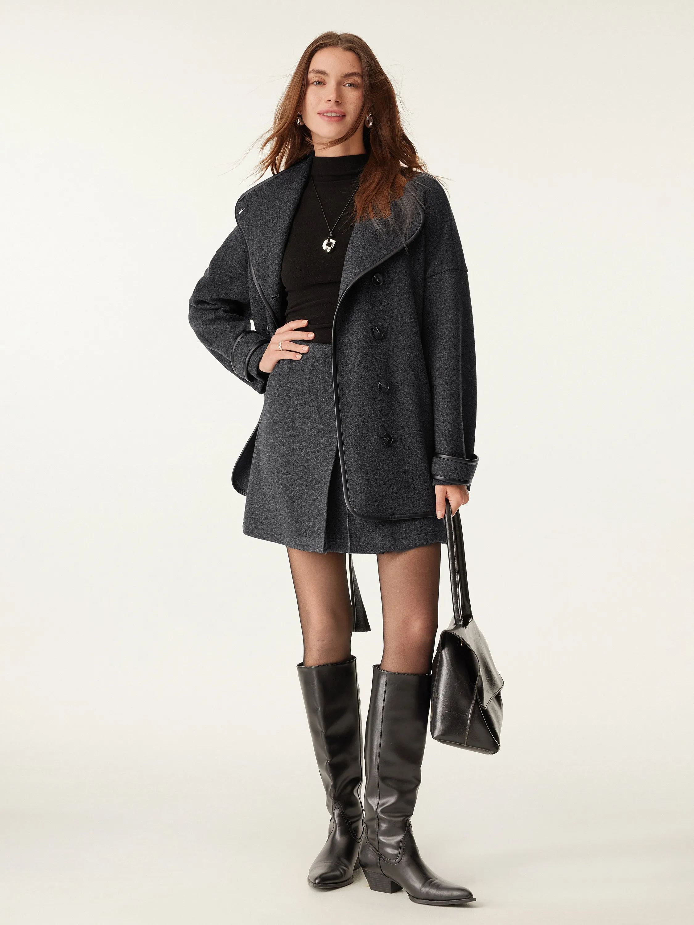 Eco-Leather Trimmed Coat With Belt sold by ogl move product image thumbnail 3