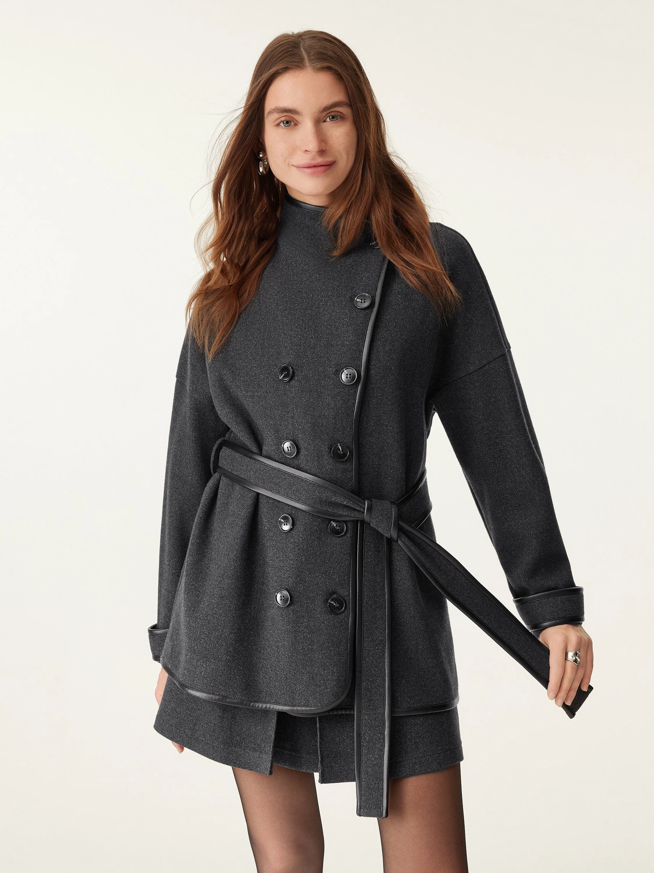Eco-Leather Trimmed Coat With Belt sold by ogl move