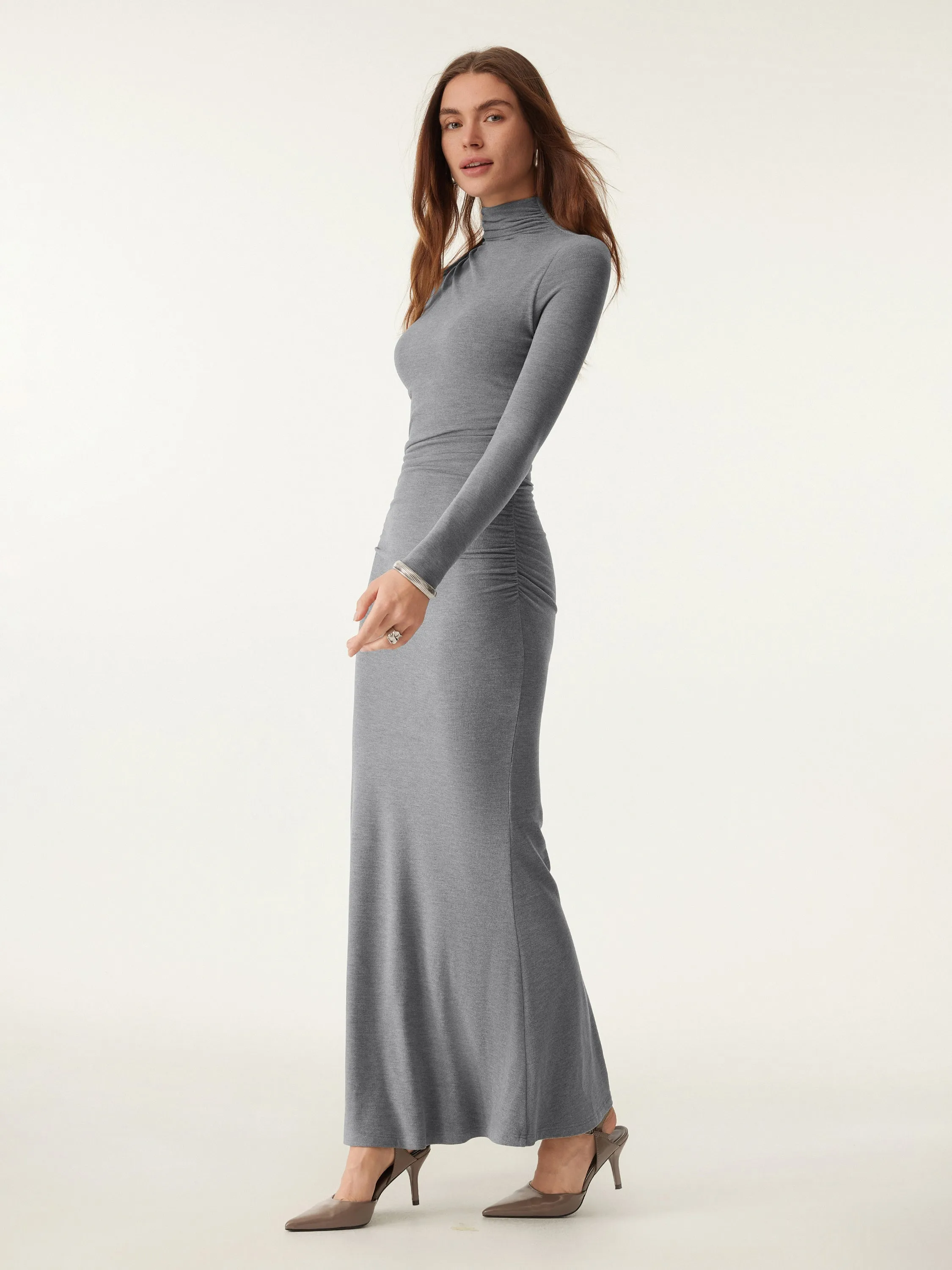 Mock Neck Asymmetrical Ruched Maxi Dress sold by ogl move product image thumbnail 5