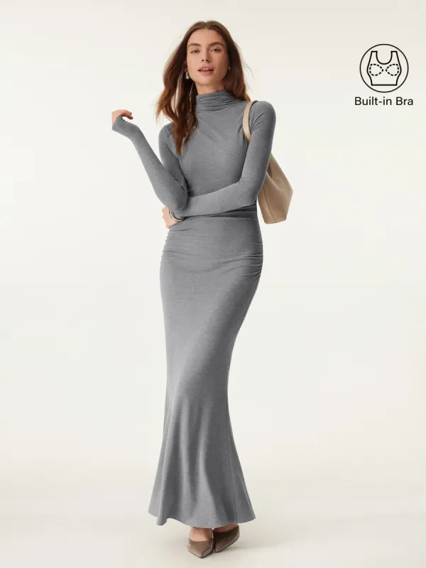 Mock Neck Asymmetrical Ruched Maxi Dress sold by ogl move
