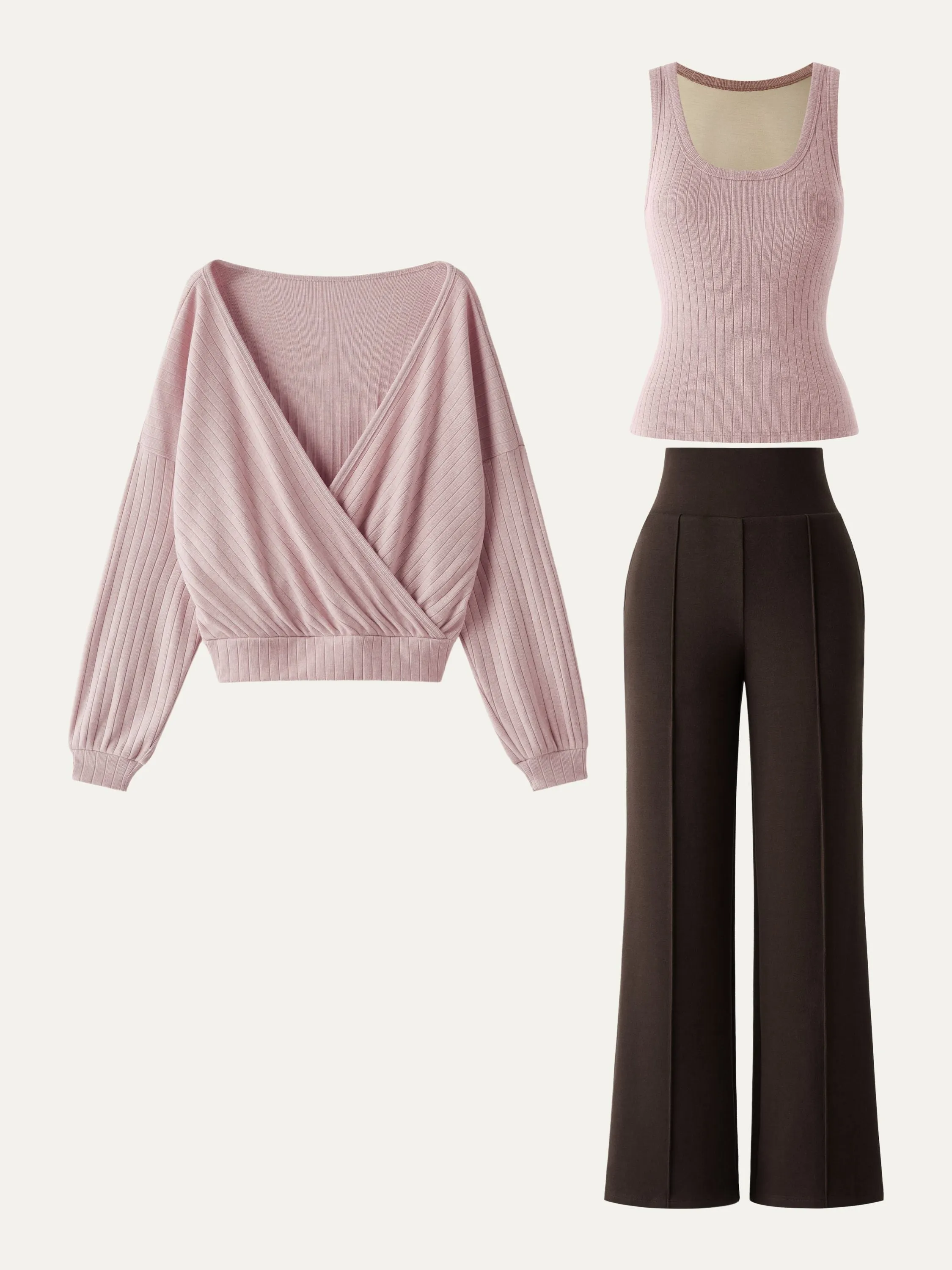 3Pcs Set Scoop Brami Tank & Surplice Top & Pin-Tuck Pant sold by ogl move product image thumbnail 4