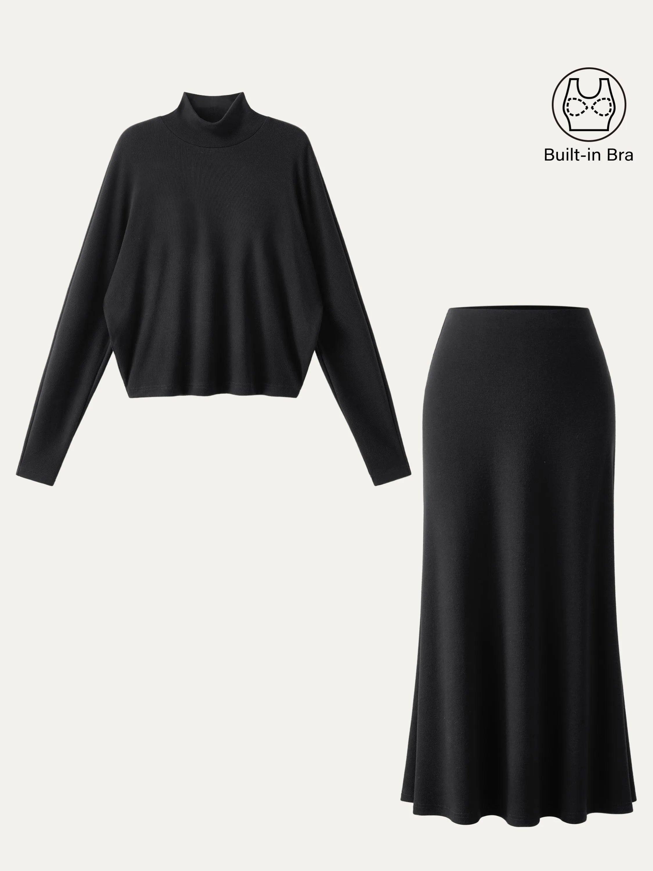 2Pcs Set Mockneck Batwing Brami Top & Knit Midi Skirt sold by ogl move product image thumbnail 2