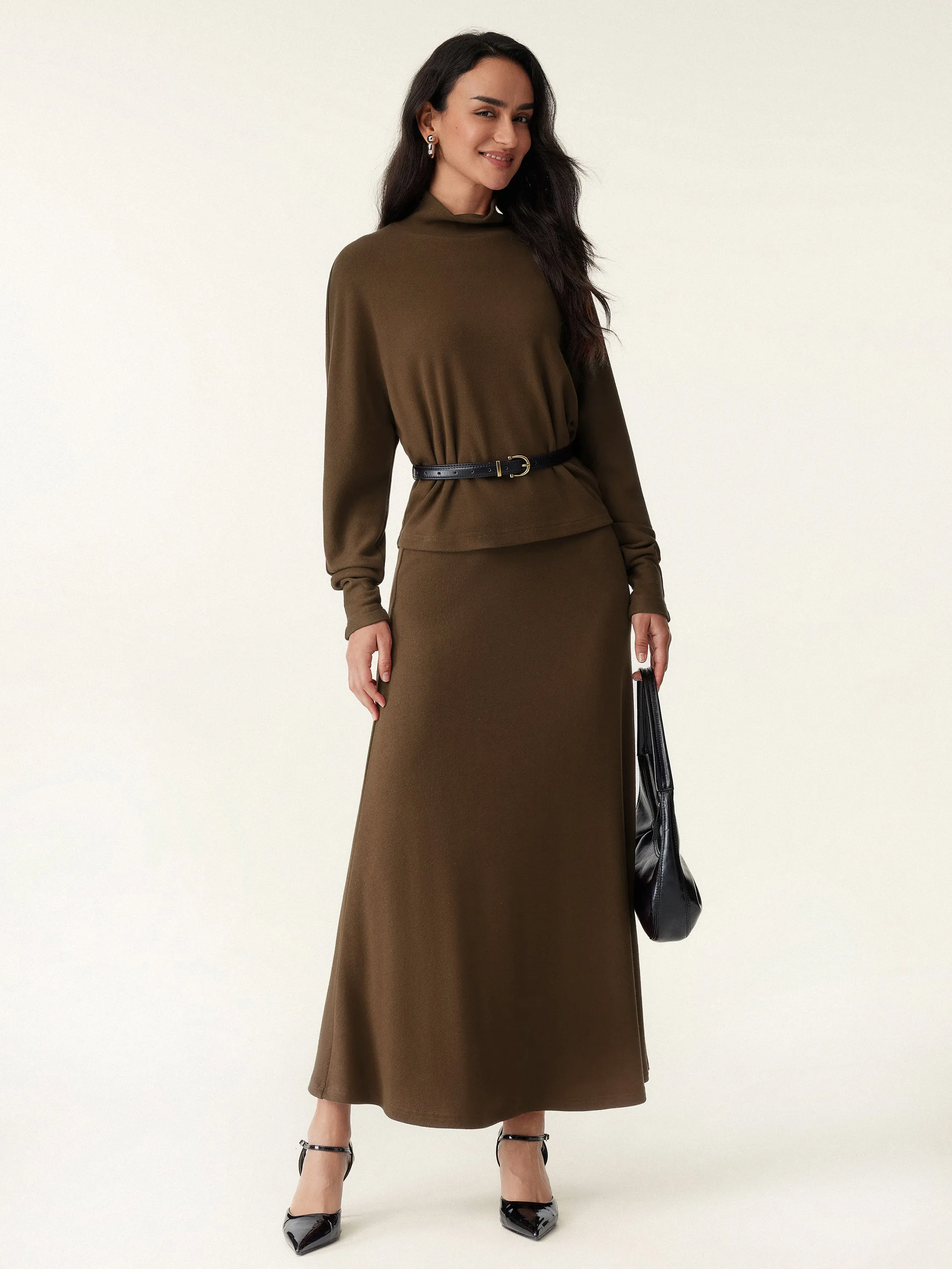 2Pcs Set Mockneck Batwing Brami Top & Knit Midi Skirt sold by ogl move product image thumbnail 3