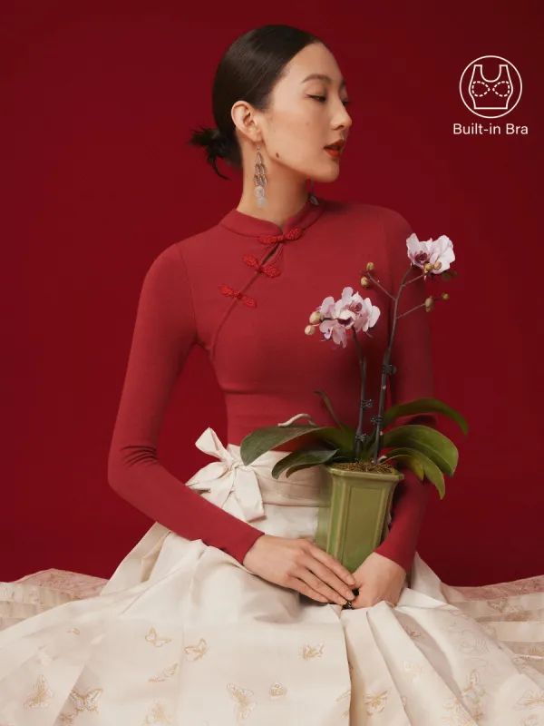 Mandarin Collar Asymmetric Frog Button Brami Top sold by OGLmove