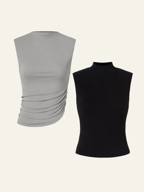 Eco-SkinKiss® Asymmetrical Mock Neck Muscle Tank & Eco-Mousse® Brushed Mock Neck Everyday Tank Top 2Pcs Set sold by ogl move