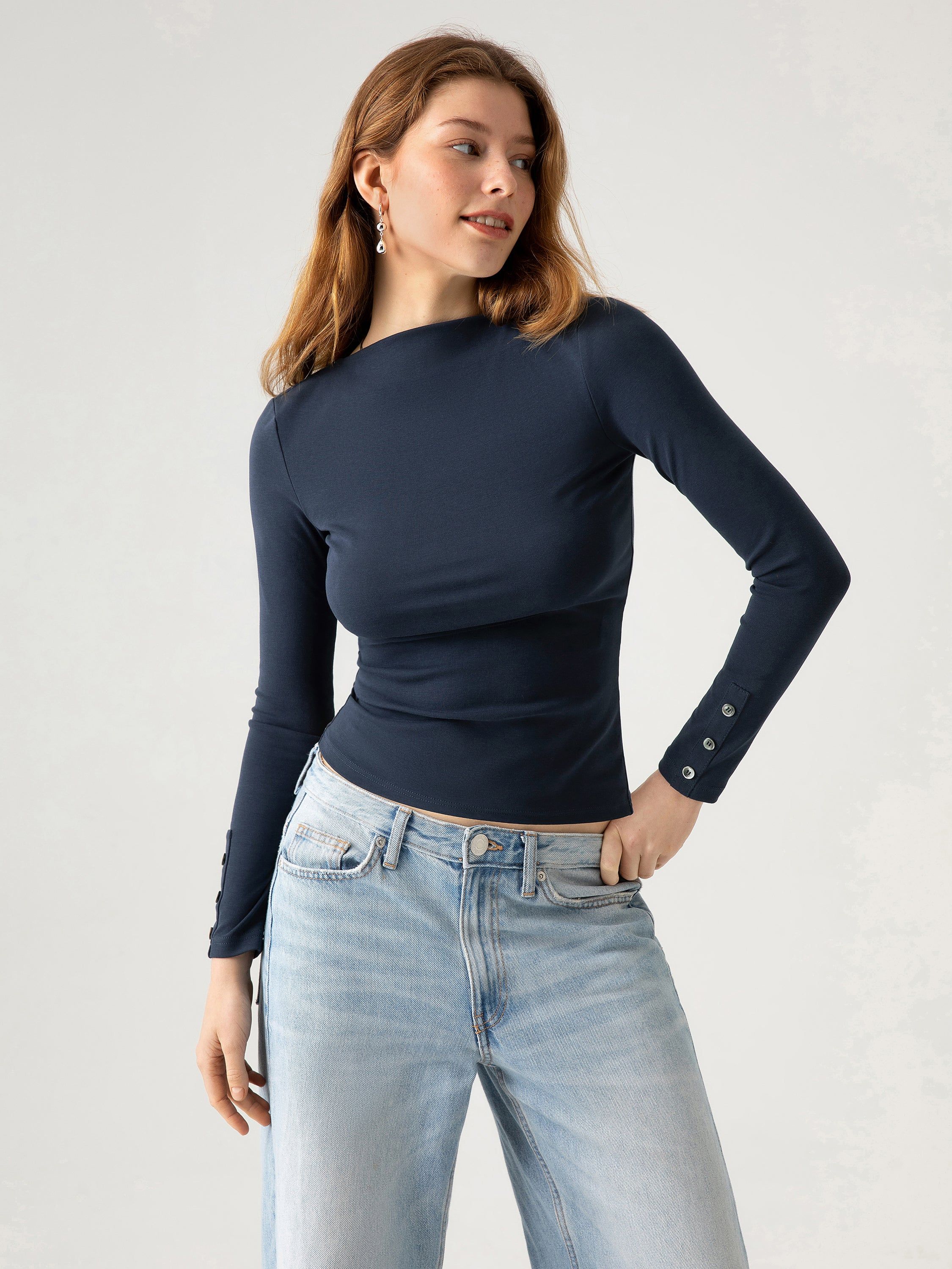 Cotton Fine-Rib Fitted Boatneck Long SleeveT-Shirt sold by ogl move product image thumbnail 2