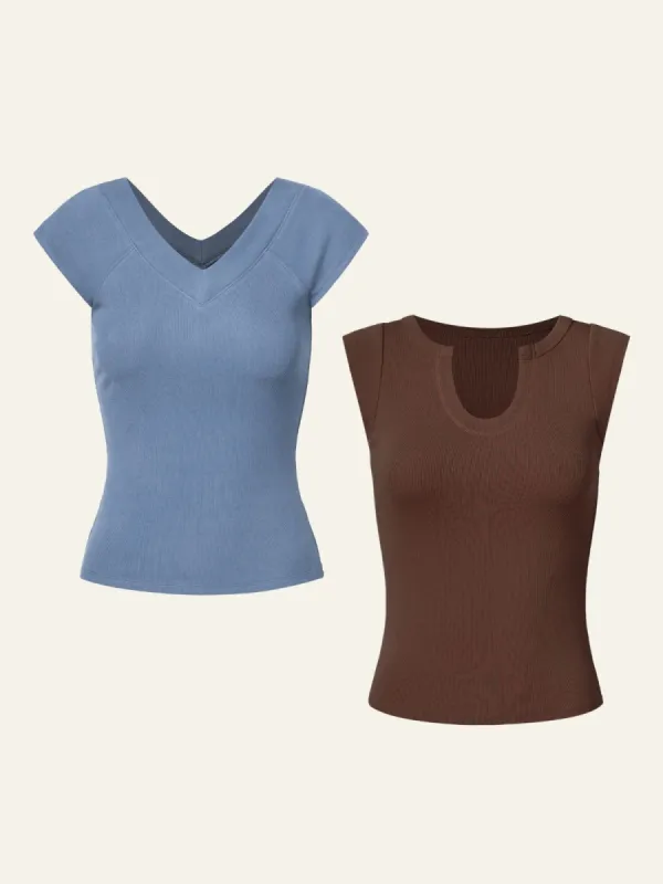 Brushed Premium Rib V-Neck T-Shirt & Wood Cellulose U-Notch Tank 2Pcs Set sold by ogl move