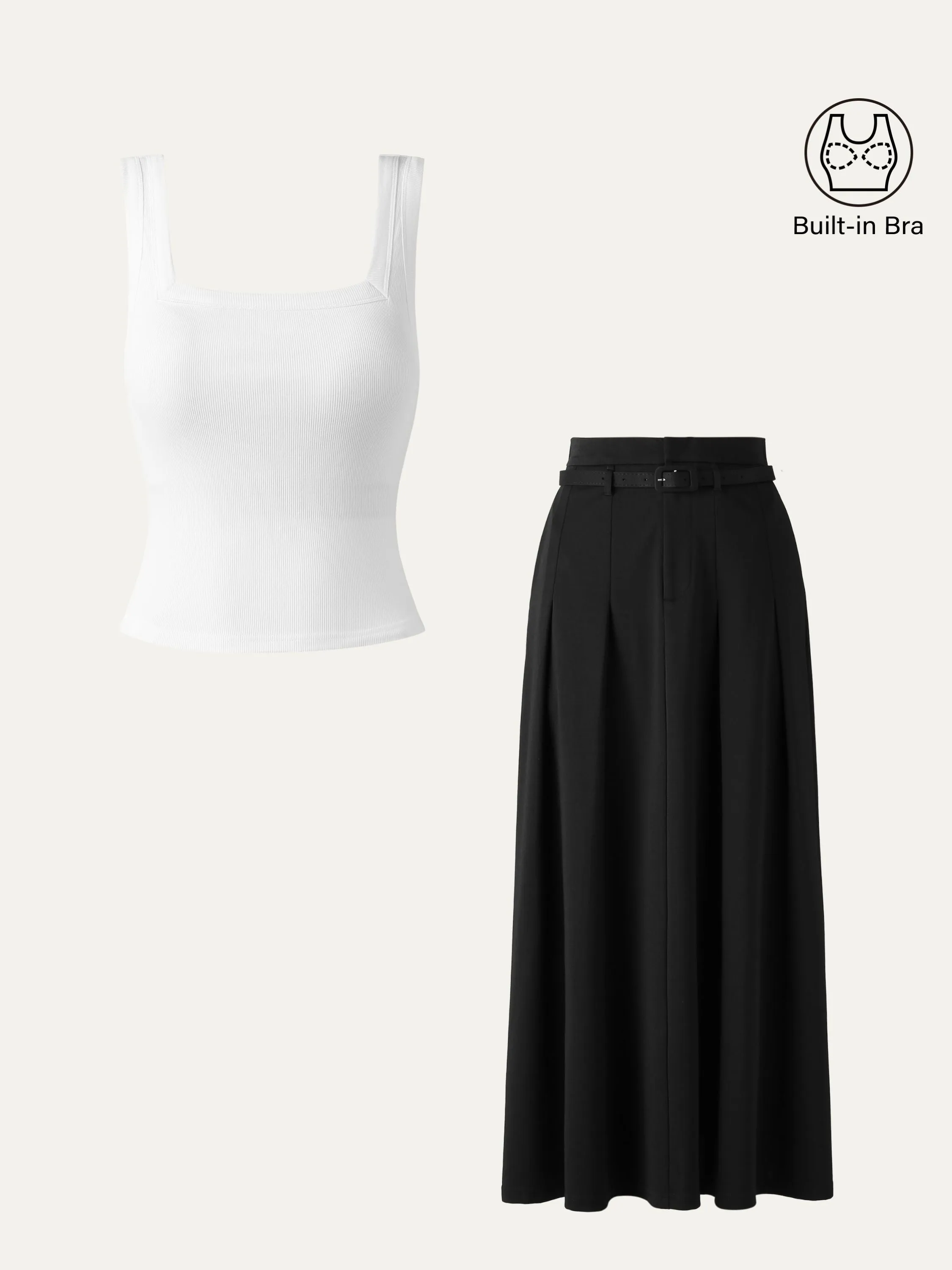 2Pcs Set Square Open-Back Brami Tank & Pin-Tuck Midi Skirt with Belt sold by ogl move