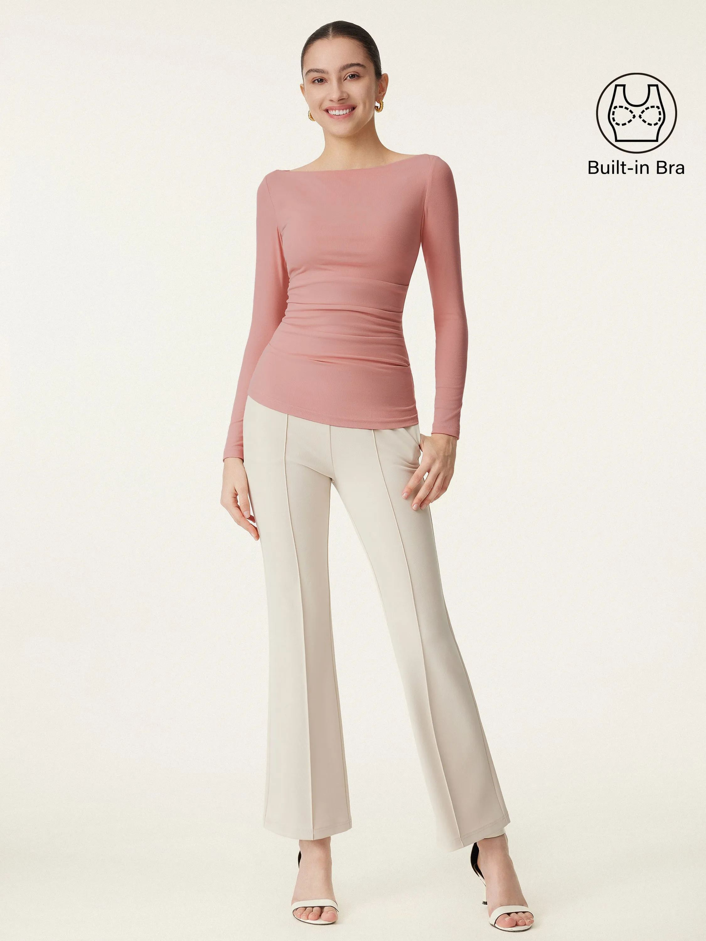 2Pcs Set Boat Neck Ruched Brami & Mid Rise Pull-on Flare Pant sold by ogl move