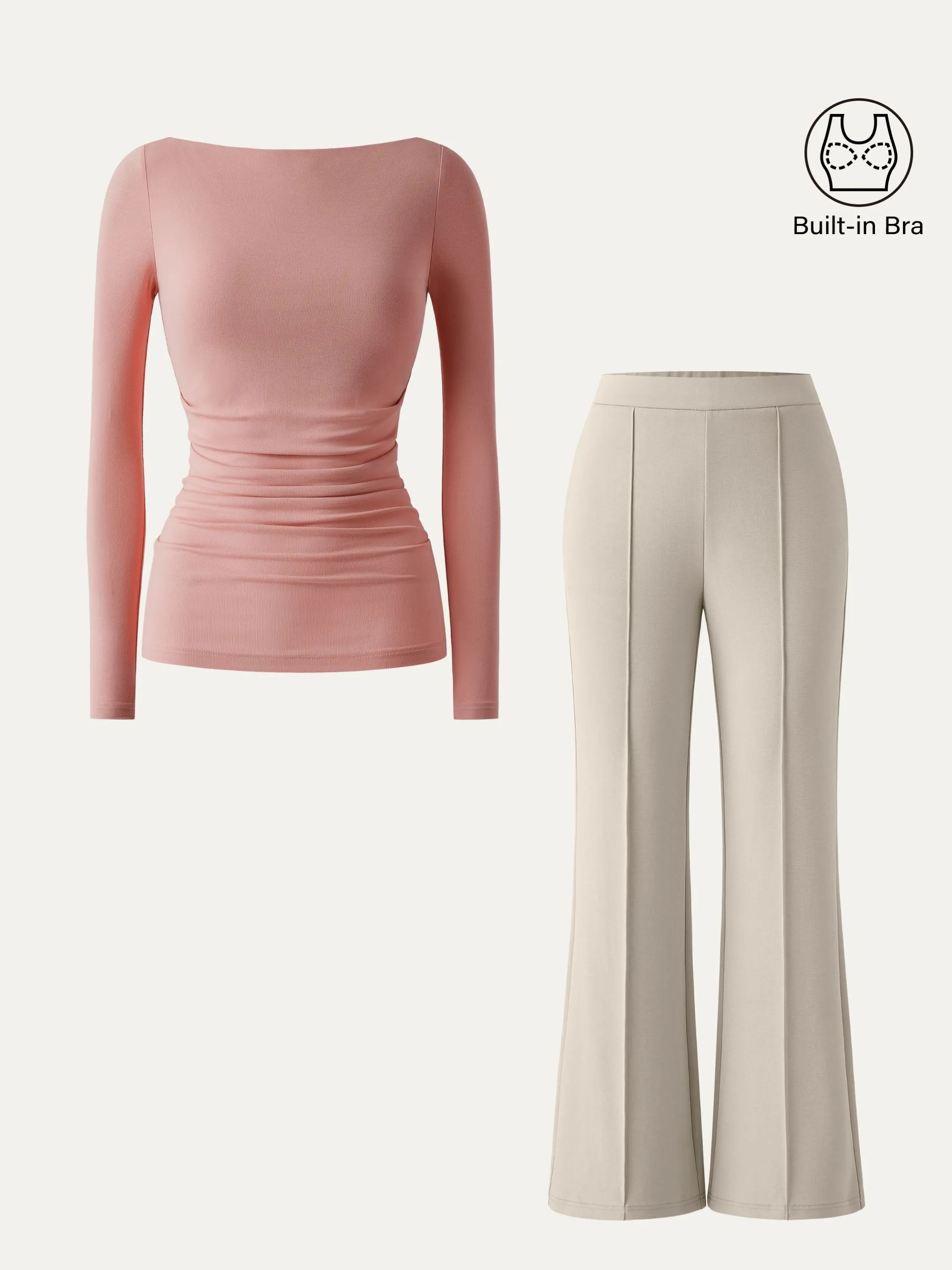 2Pcs Set Boat Neck Ruched Brami & Mid Rise Pull-on Flare Pant sold by ogl move product image thumbnail 2