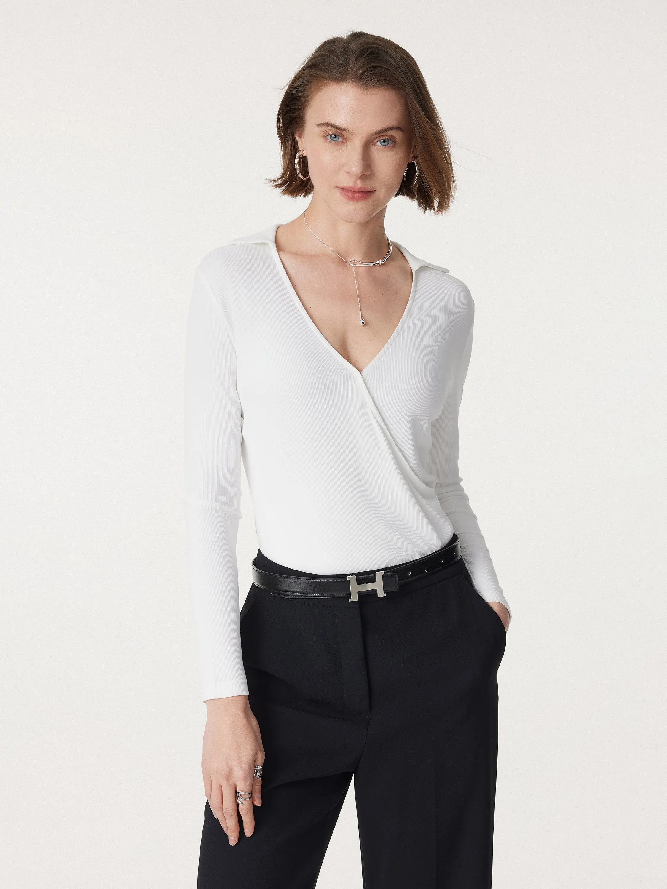 Collared V-neck Crossover Long Sleeve Top sold by ogl move