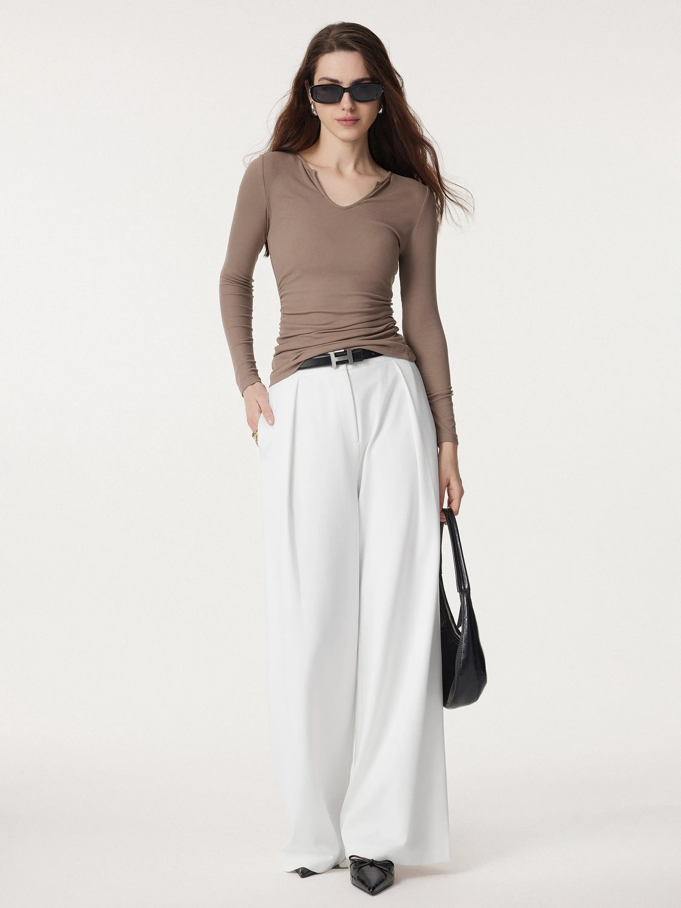 V-neck Side Ruched Long Sleeve Top sold by ogl move