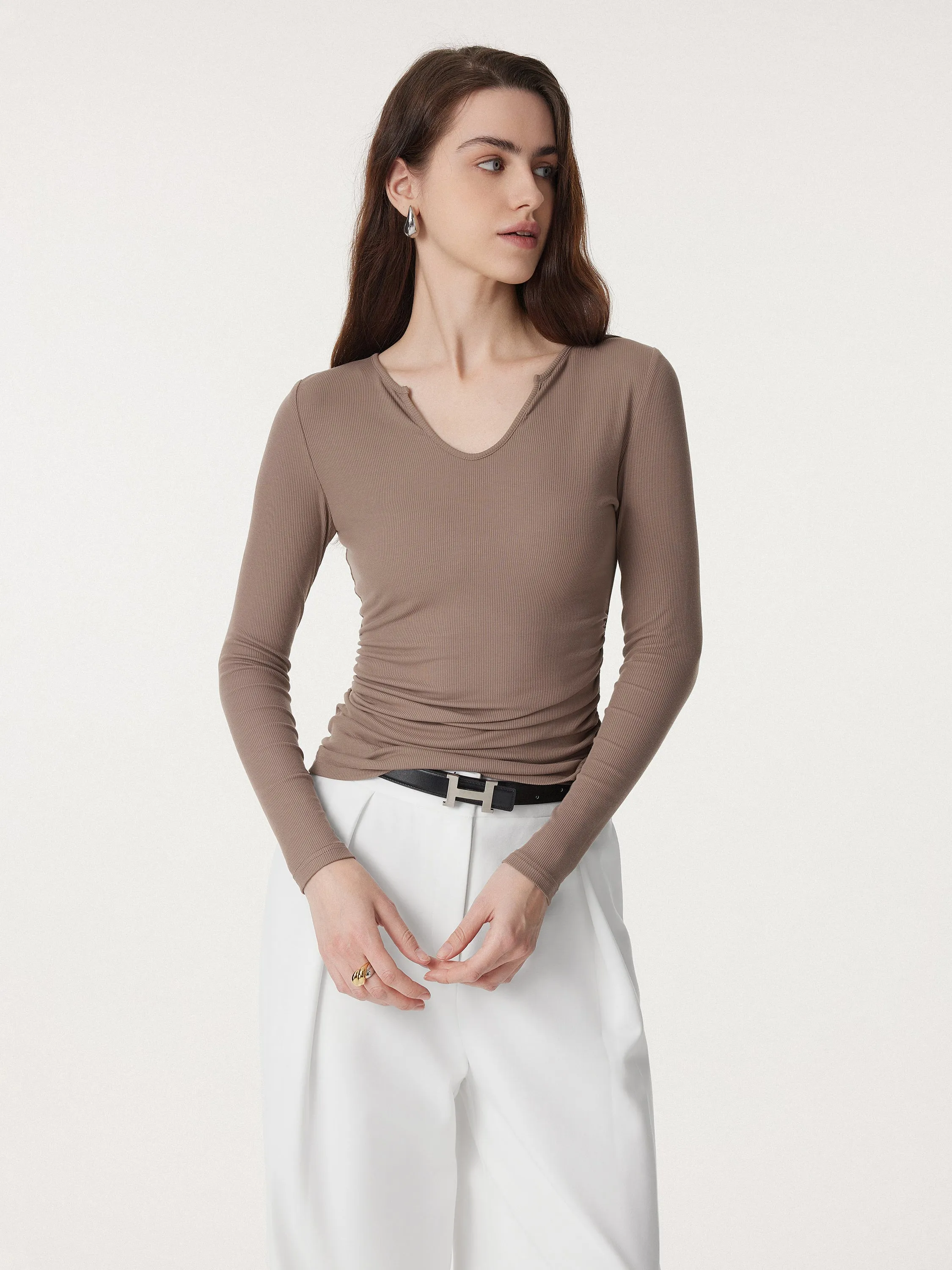 V-neck Side Ruched Long Sleeve Top sold by ogl move product image thumbnail 4