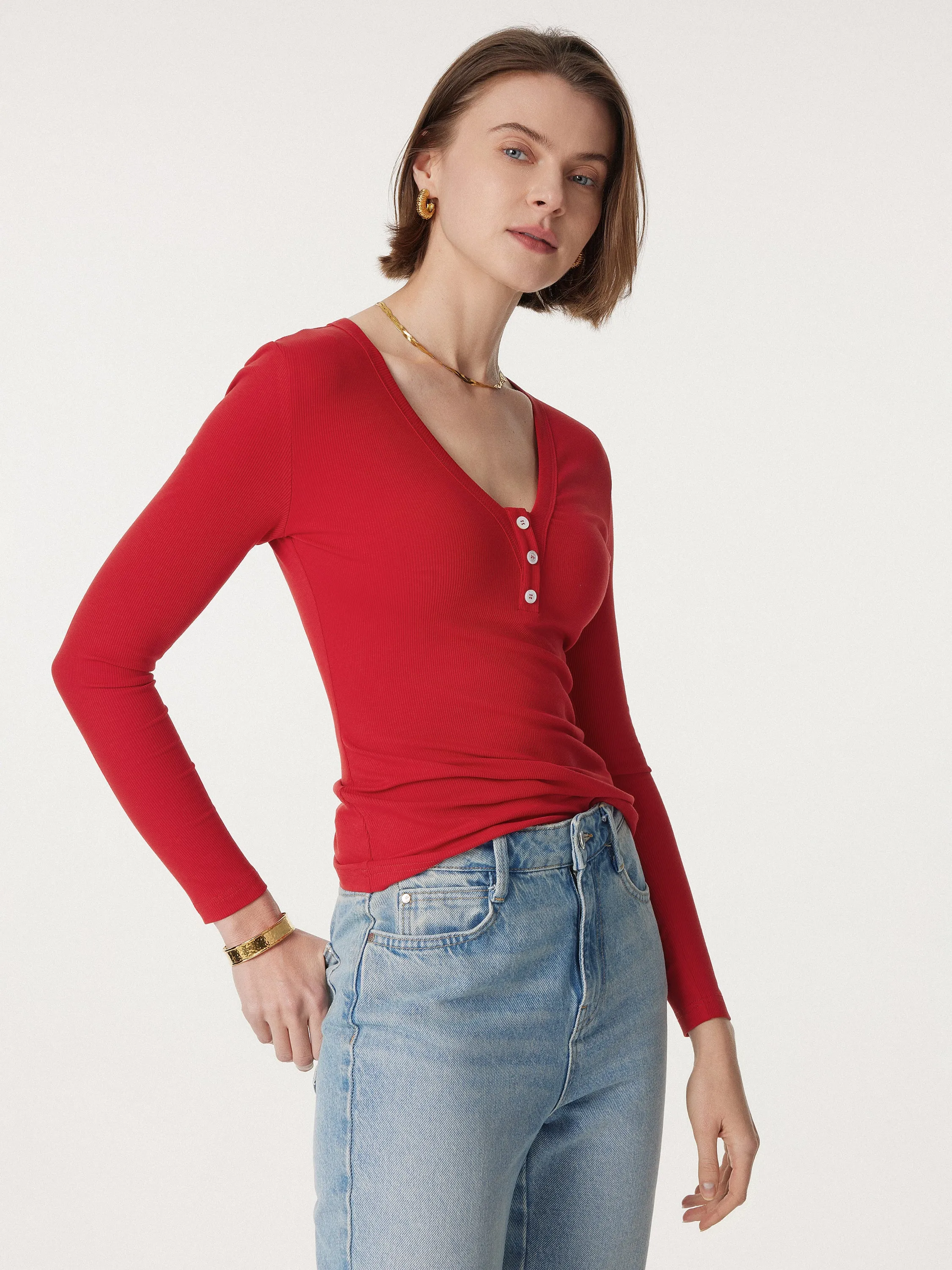V-neck Long Sleeve Henley Top sold by ogl move
