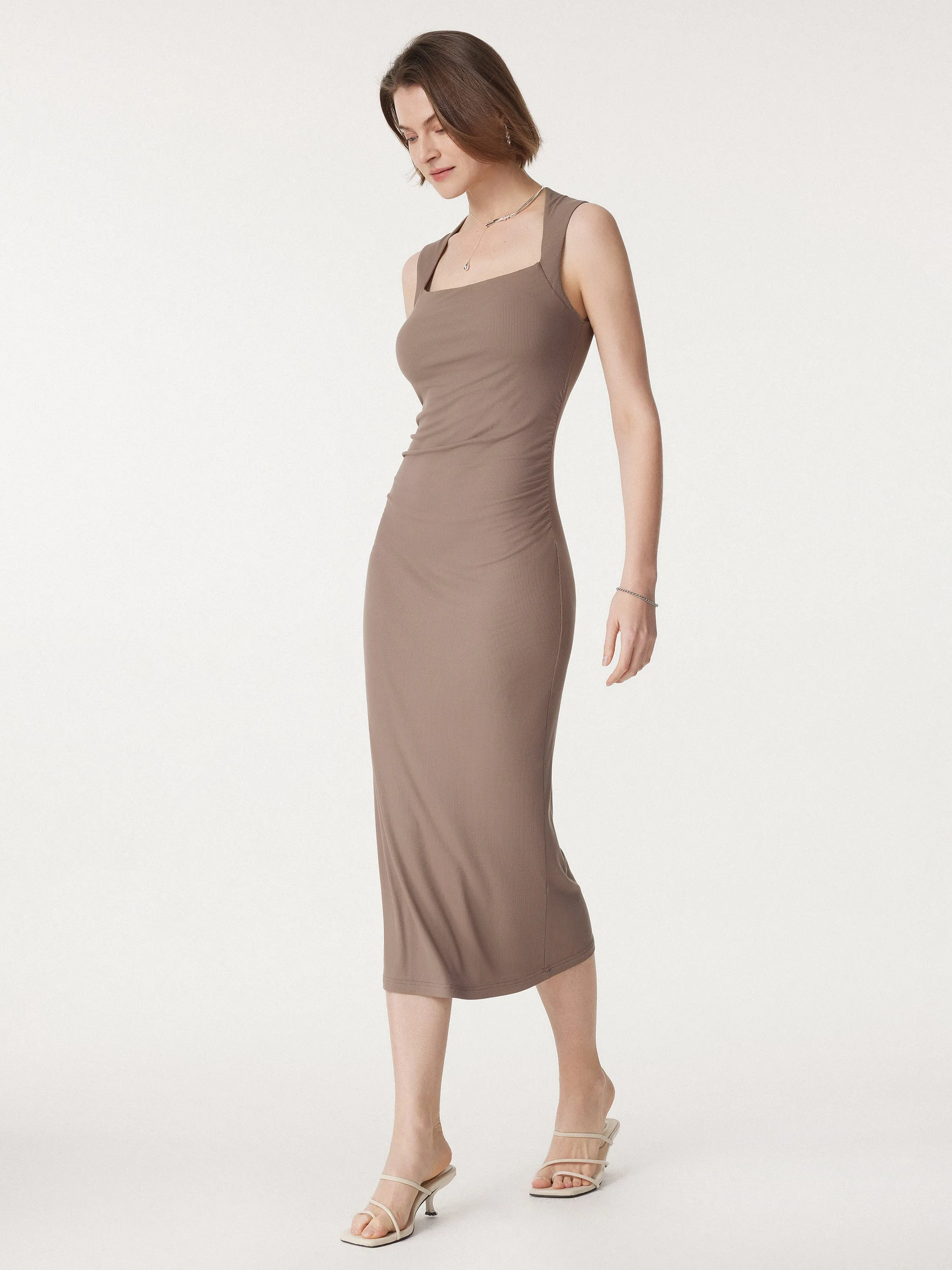 Square Neck Side Ruched Sleeveless Brami Midi Dress sold by ogl move product image thumbnail 5