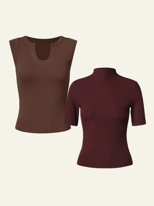 Wood Cellulose U-Notch Tank & Textured Mock Neck Mid-Sleeves Top 2Pcs Set sold by ogl move