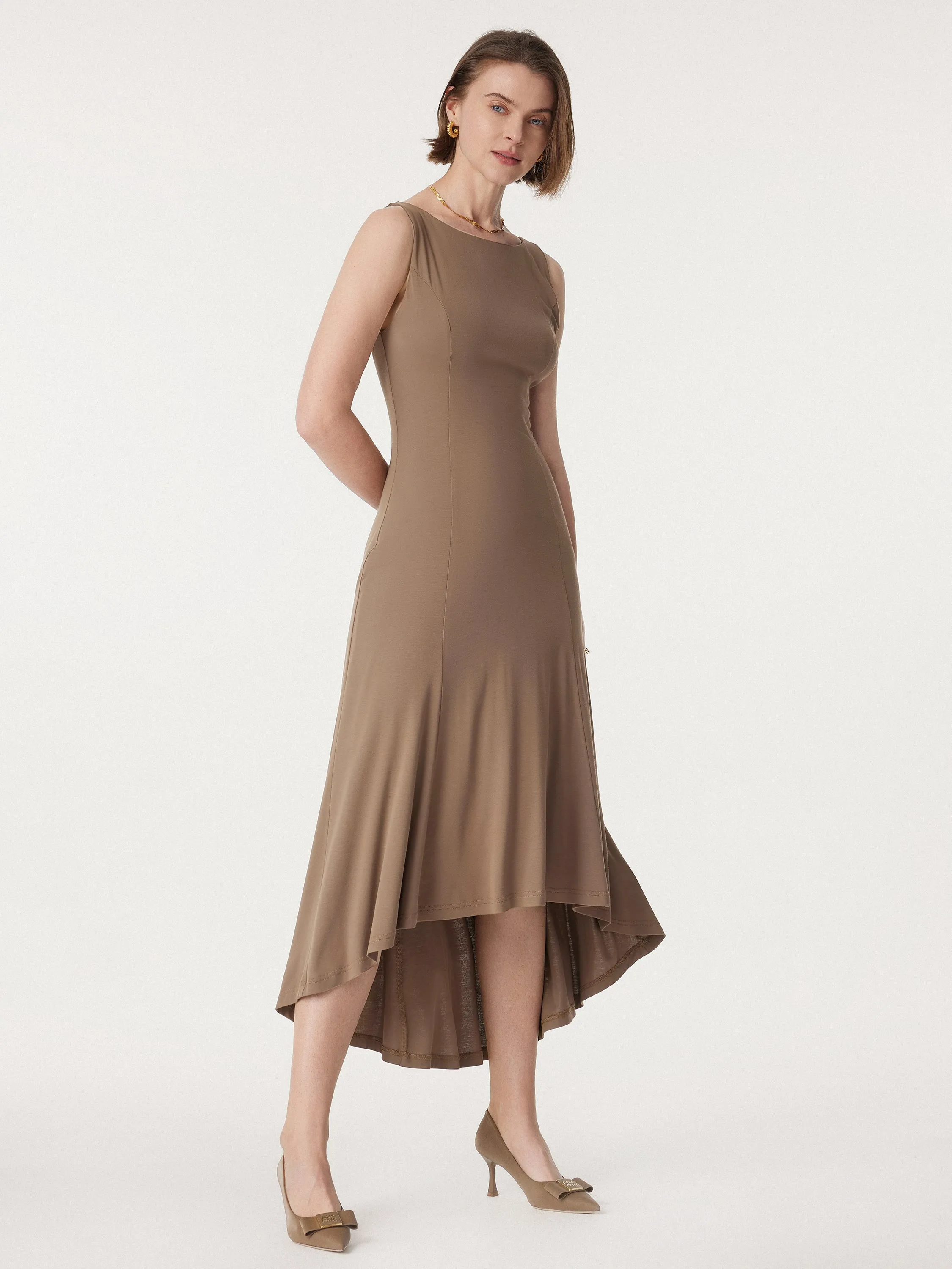 Retreat Boatneck Sleeveless High-low Midi Dress sold by ogl move