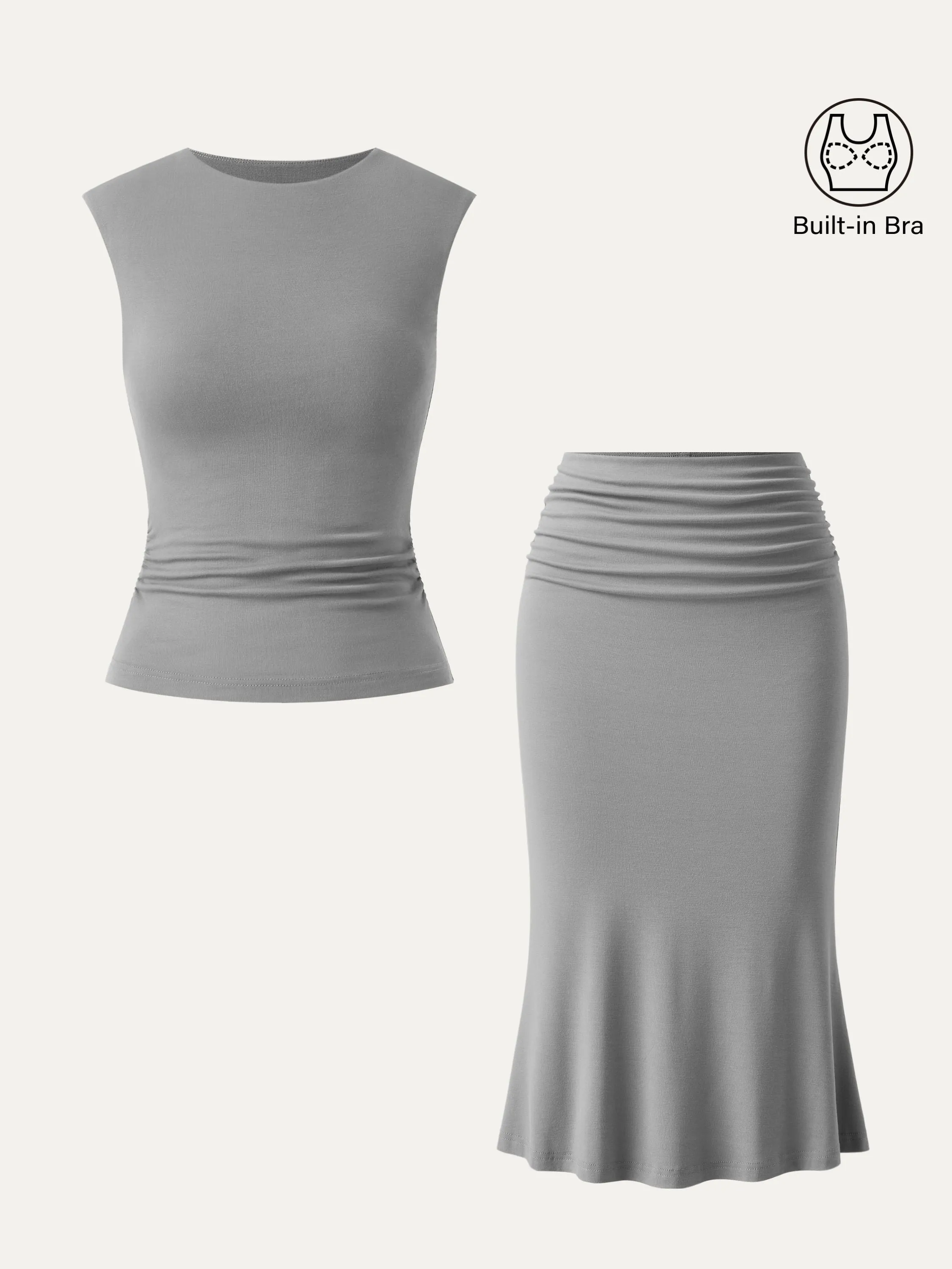 2Pcs Set Crewneck Side Ruched Brami Tank & Mermaid Midi Skirt sold by ogl move product image thumbnail 2