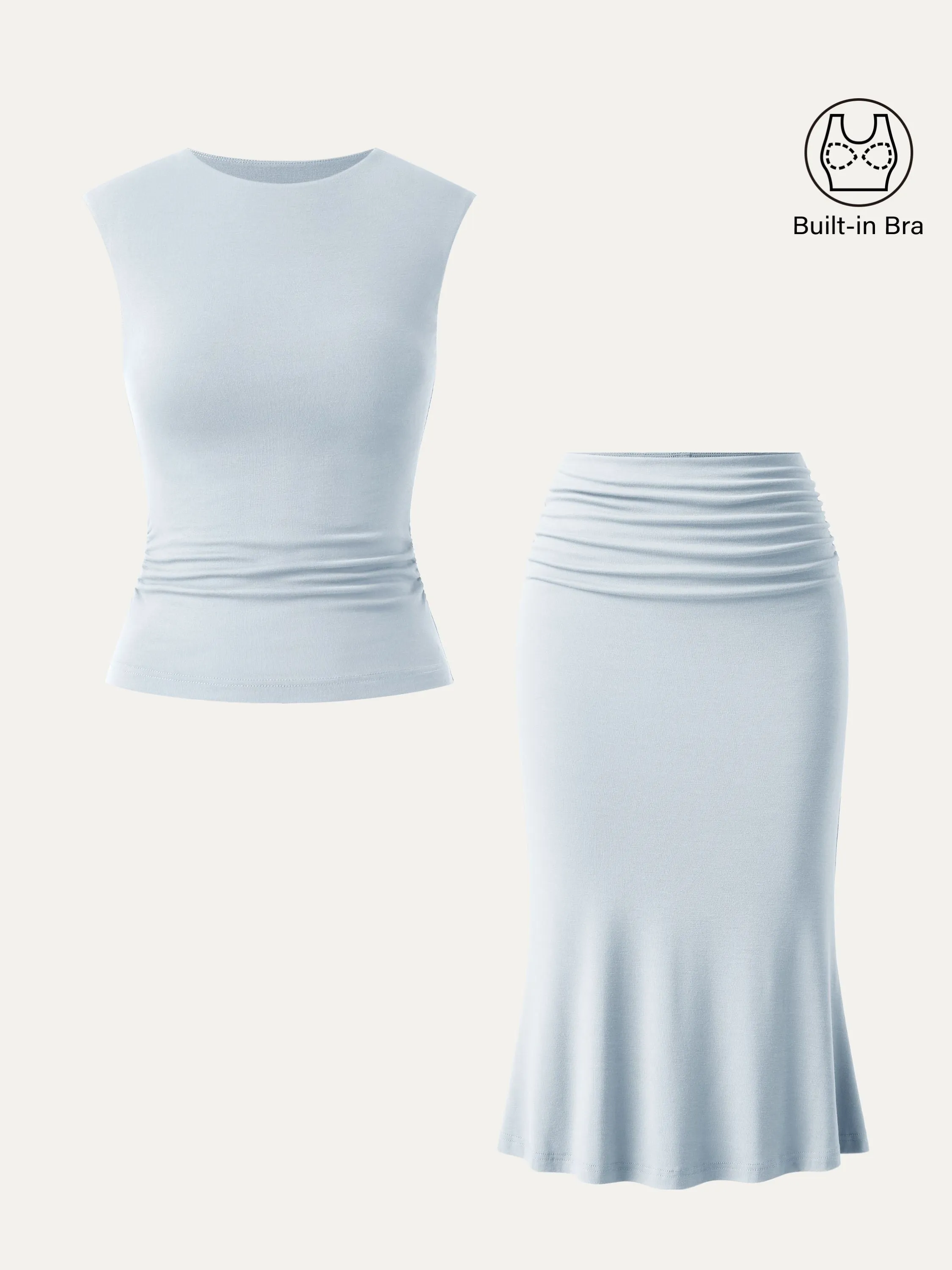 2Pcs Set Crewneck Side Ruched Brami Tank & Mermaid Midi Skirt sold by ogl move product image thumbnail 5