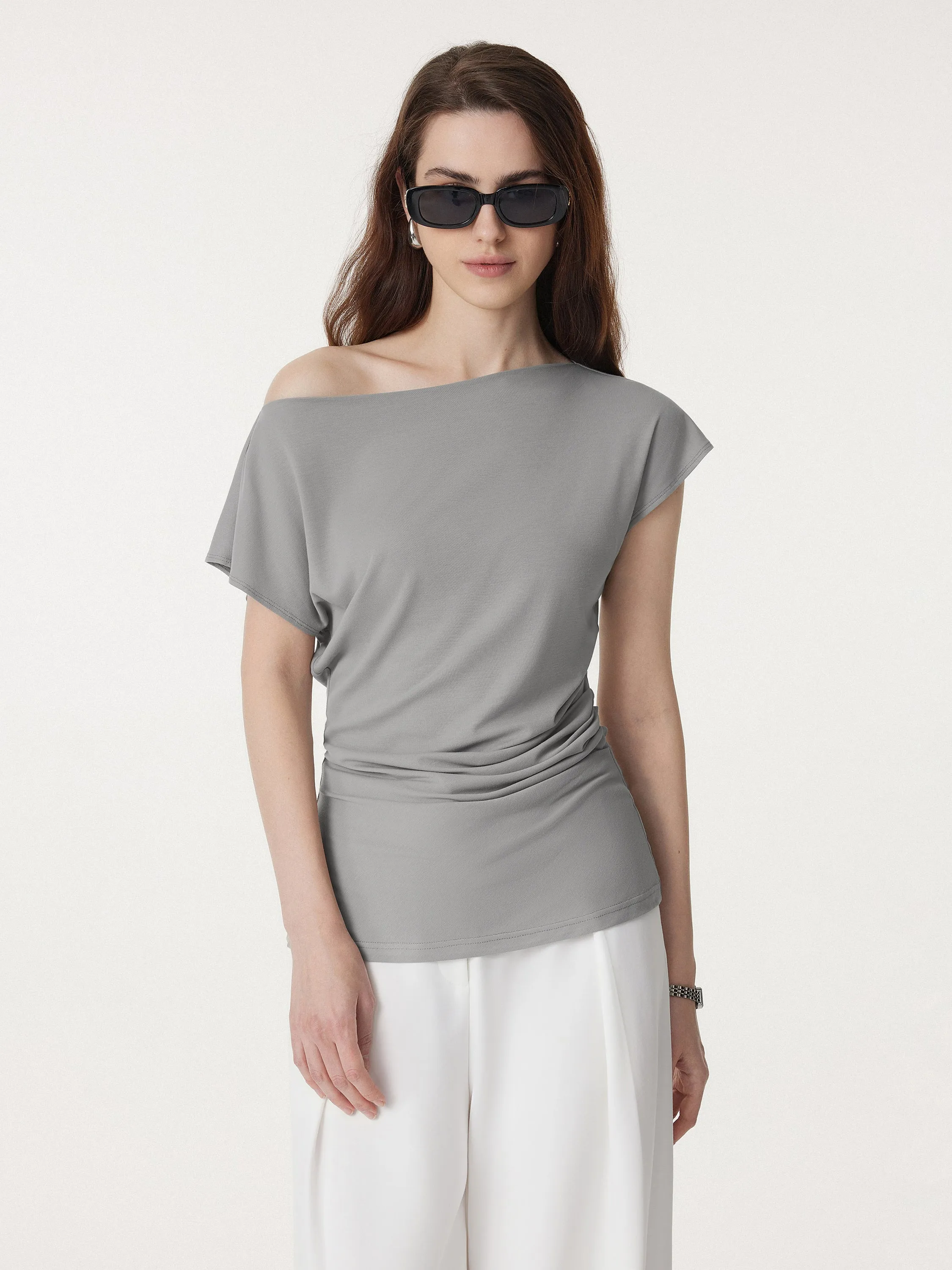 Boatneck Flutter Sleeve Side Tucked Long Tee sold by OGLmove product image thumbnail 2