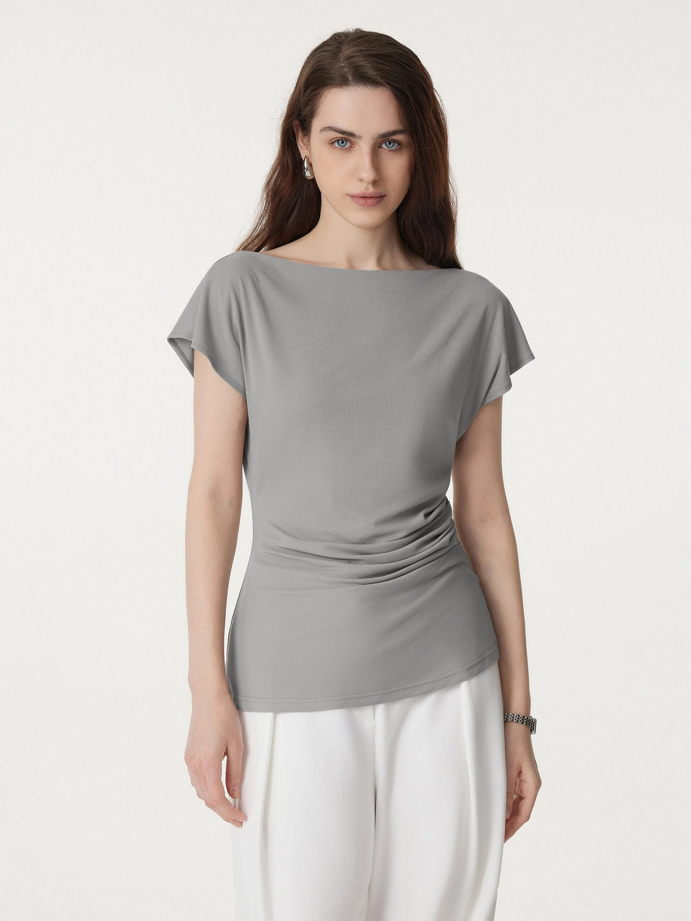 Boatneck Flutter Sleeve Side Tucked Long Tee sold by OGLmove