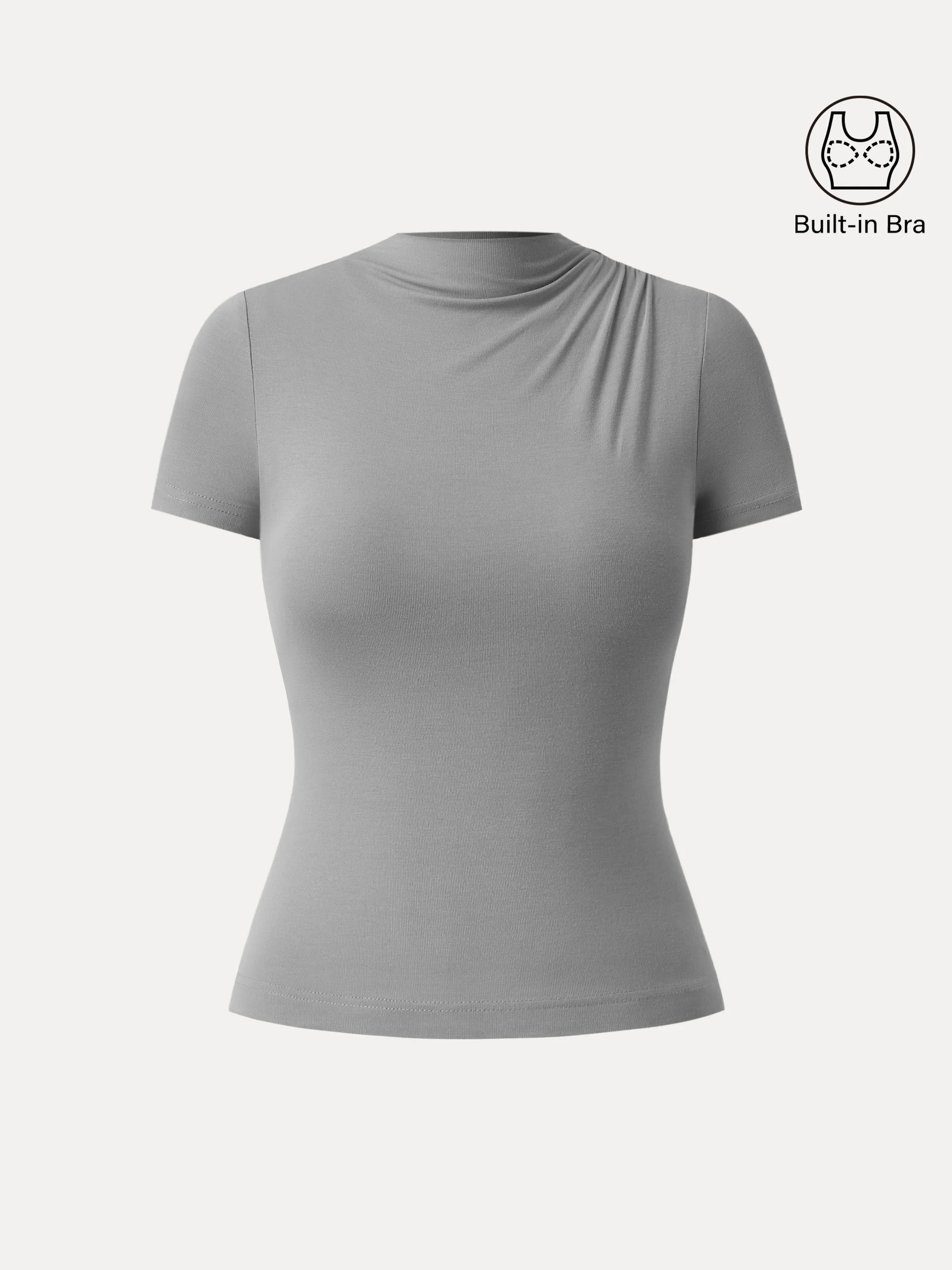 Mockneck Asymmetrical Ruched Shoulder Brami Tee sold by ogl move product image thumbnail 4