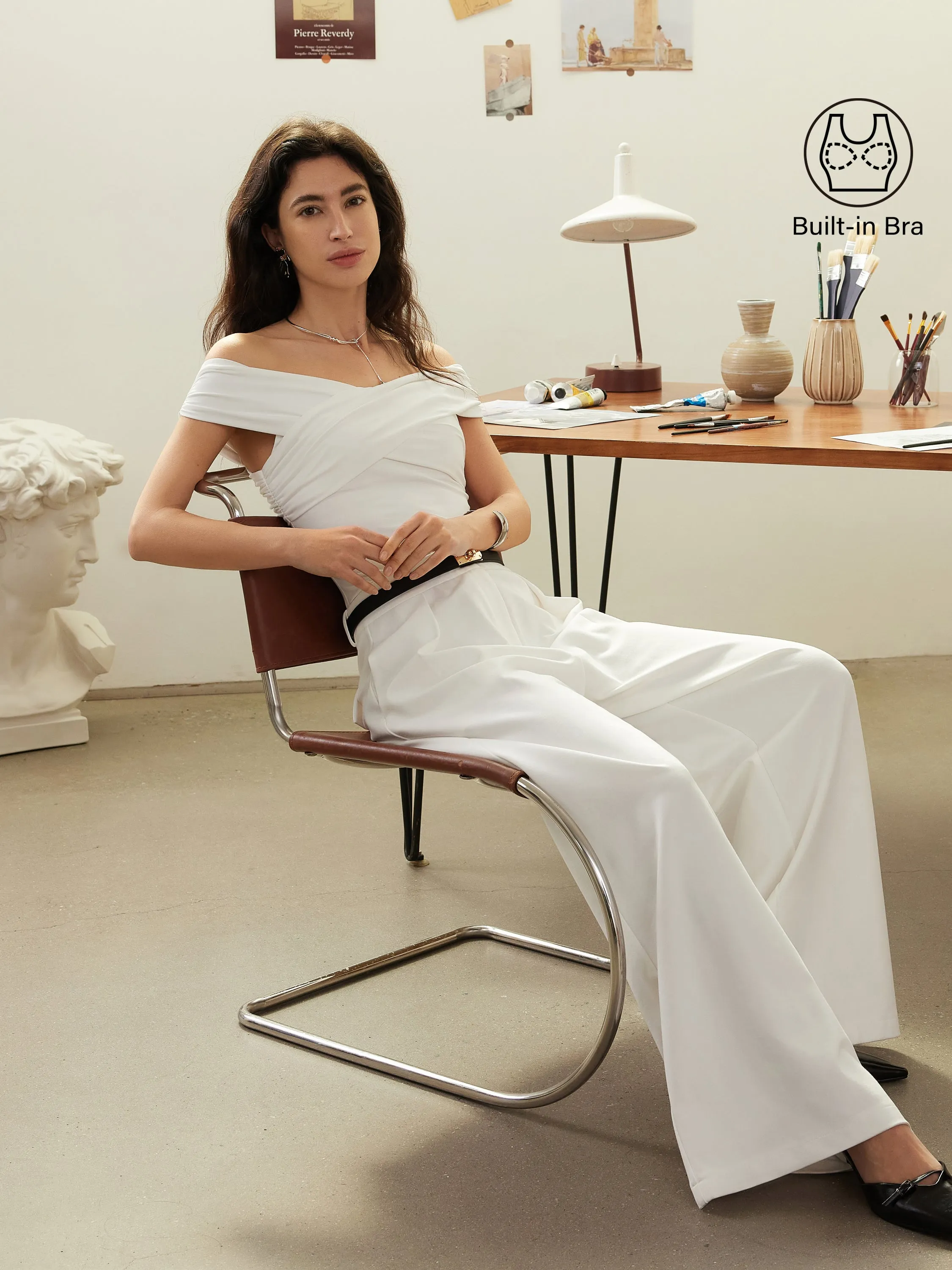 2Pcs Set Criss Cross Off Shoulder Brami & Mid Rise Pleated Trouser with Pockets sold by ogl move