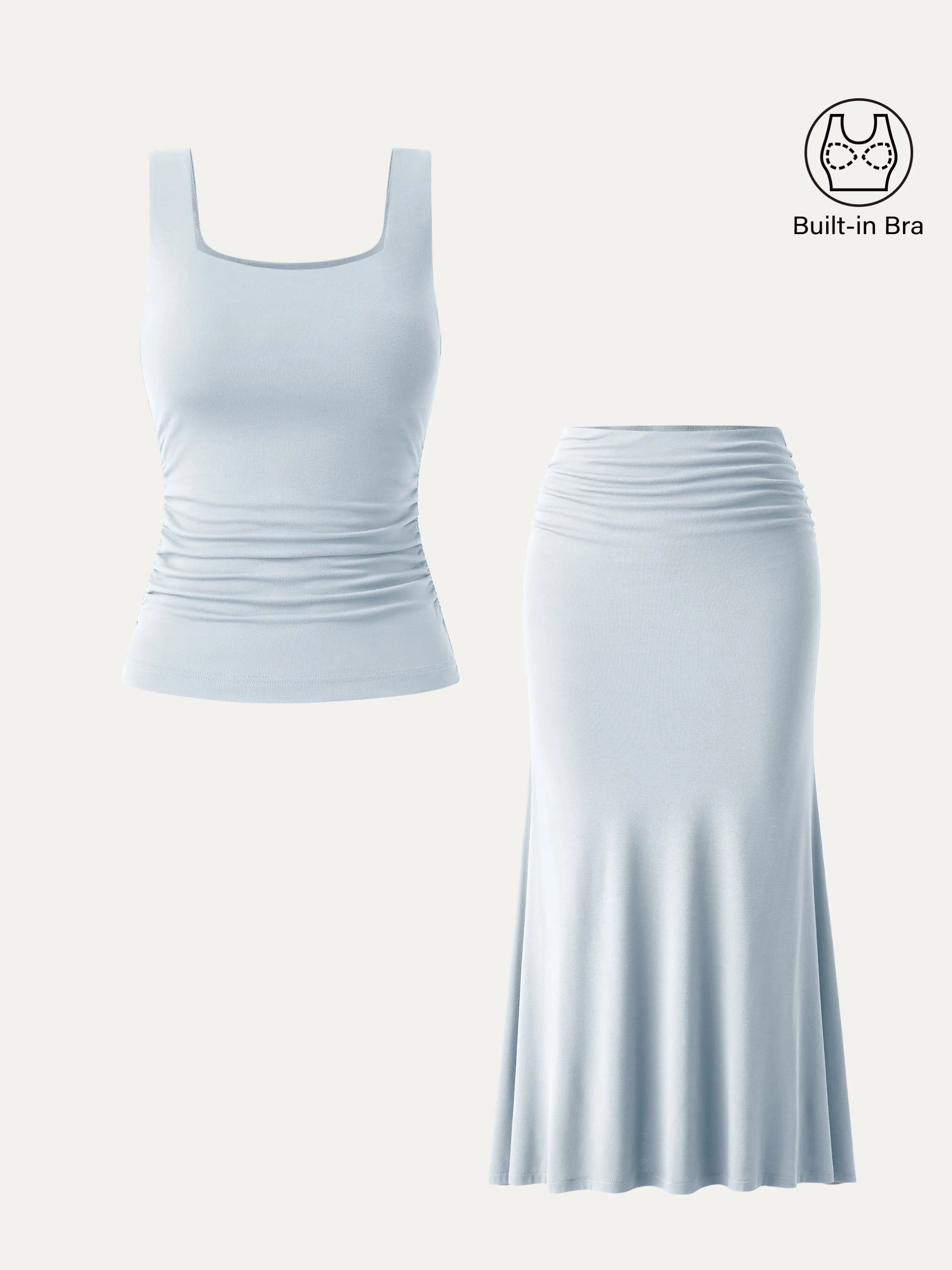 2Pcs Set Square Neck Side Ruched Brami Tank & Mermaid Maxi Skirt sold by ogl move product image thumbnail 2