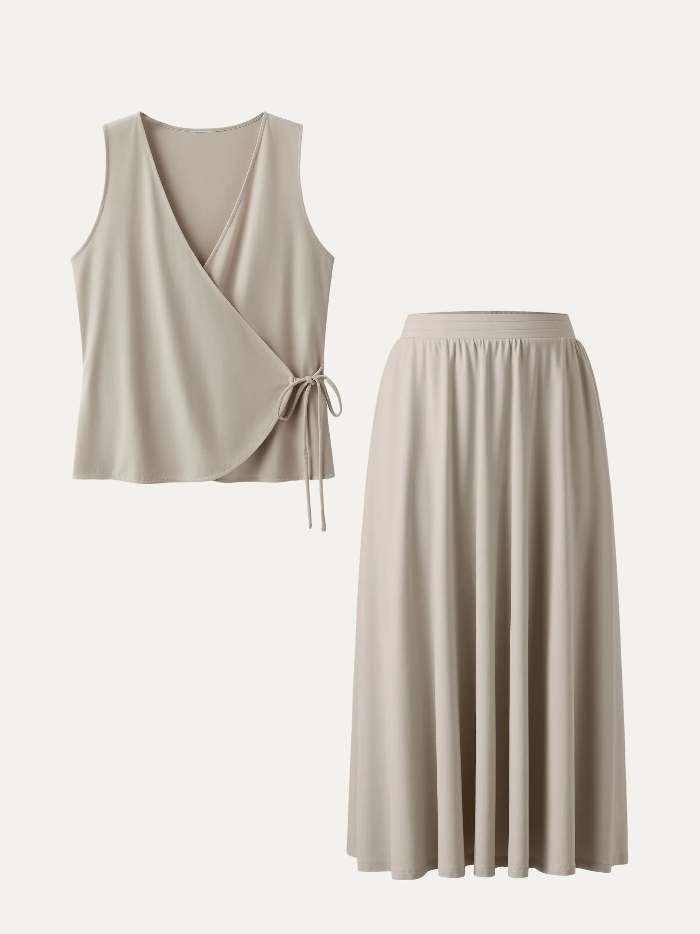 2Pcs Set Adjustable Tie Wrap Vest & Mid Rise Umbrella Midi Skirt with Pockets sold by ogl move product image thumbnail 2