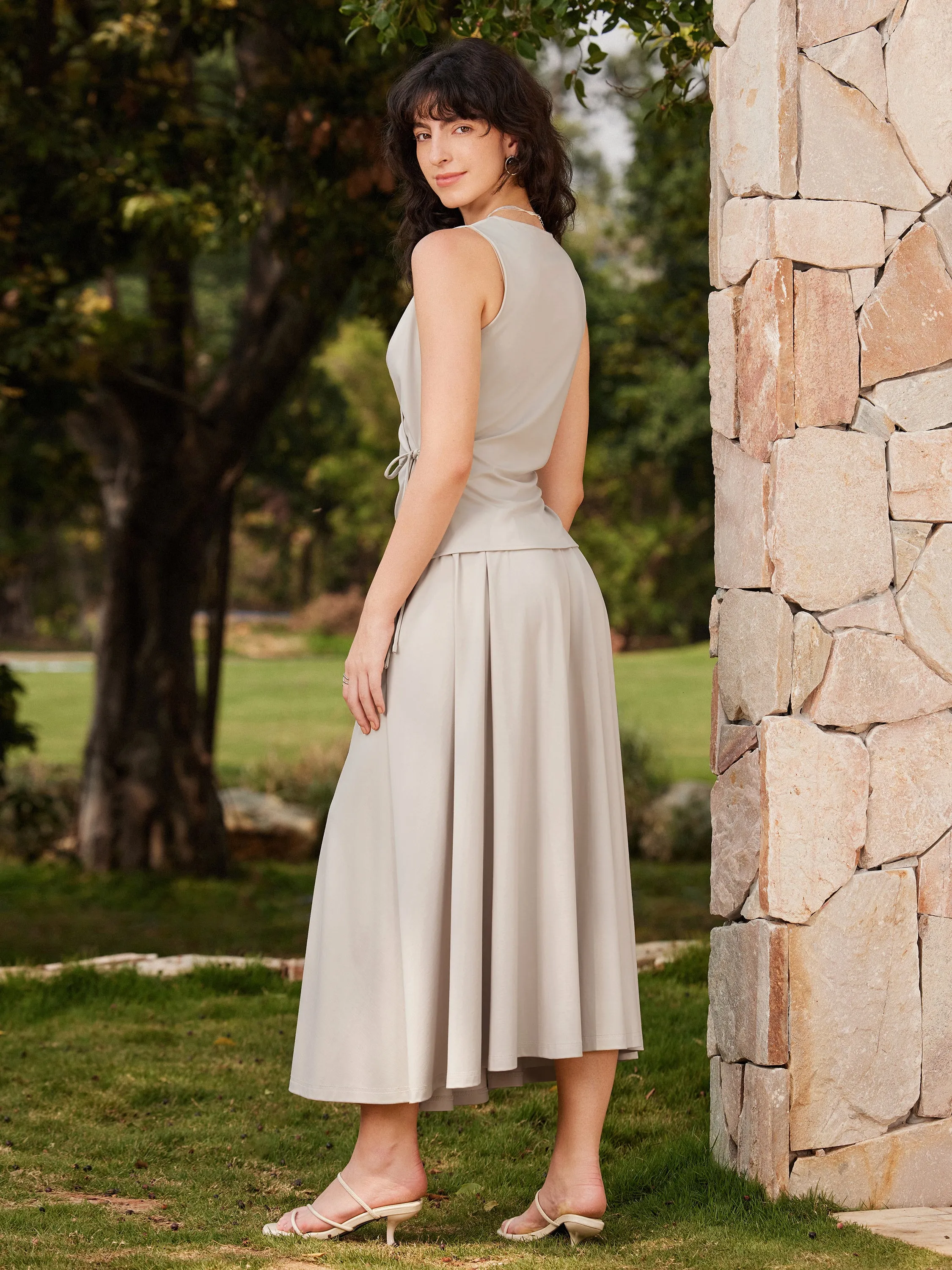 2Pcs Set Adjustable Tie Wrap Vest & Mid Rise Umbrella Midi Skirt with Pockets sold by ogl move product image thumbnail 3