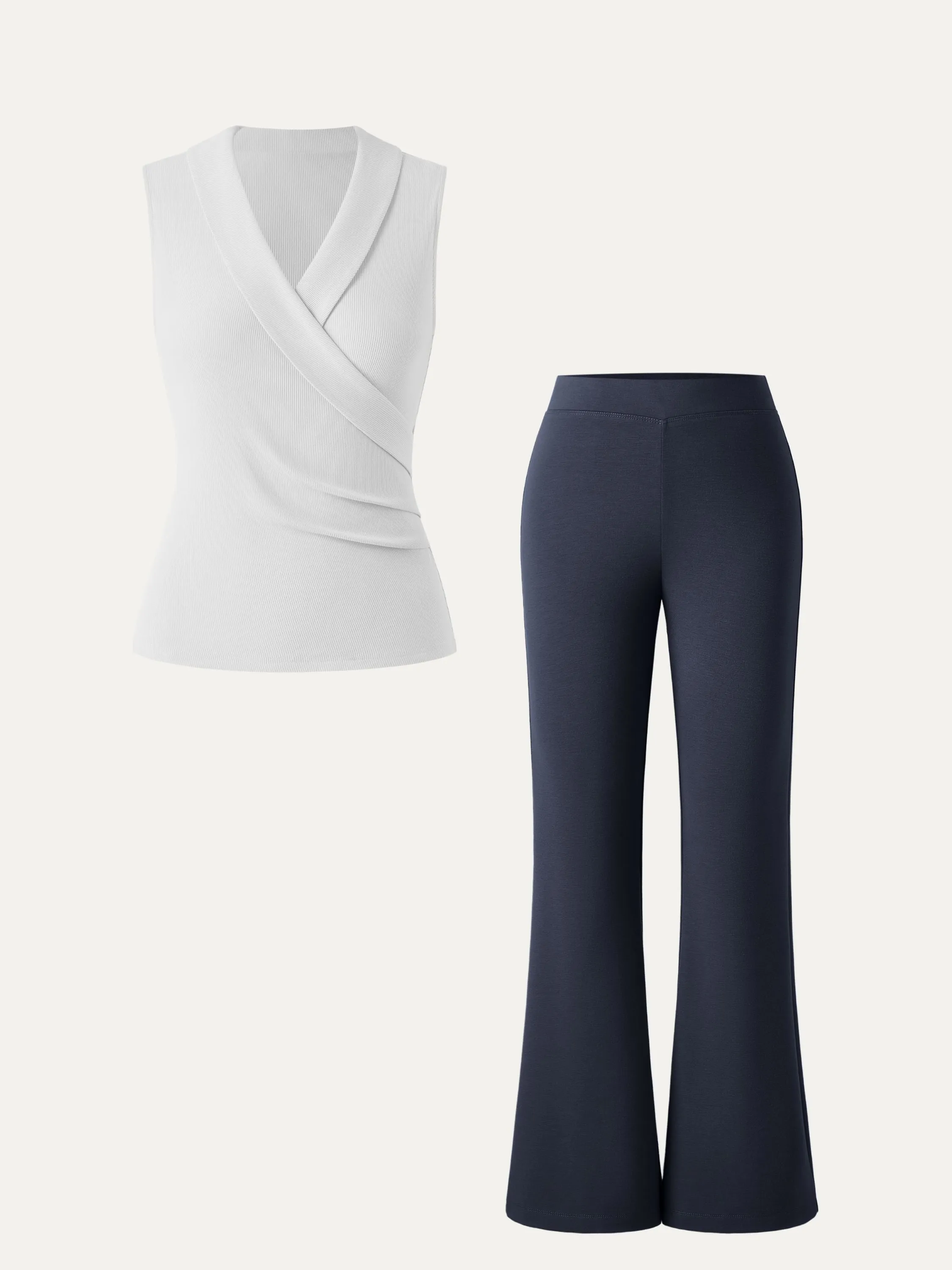 2Pcs Set Collared Surplice Tank & Mid Rise Pull-on Flared Pant sold by ogl move product image thumbnail 5
