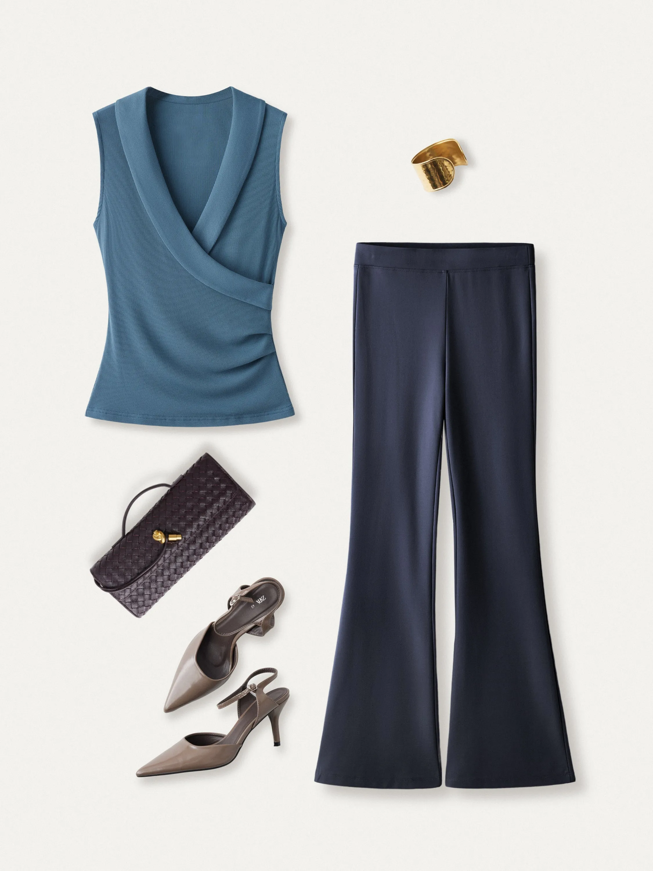 2Pcs Set Collared Surplice Tank & Mid Rise Pull-on Flared Pant sold by ogl move