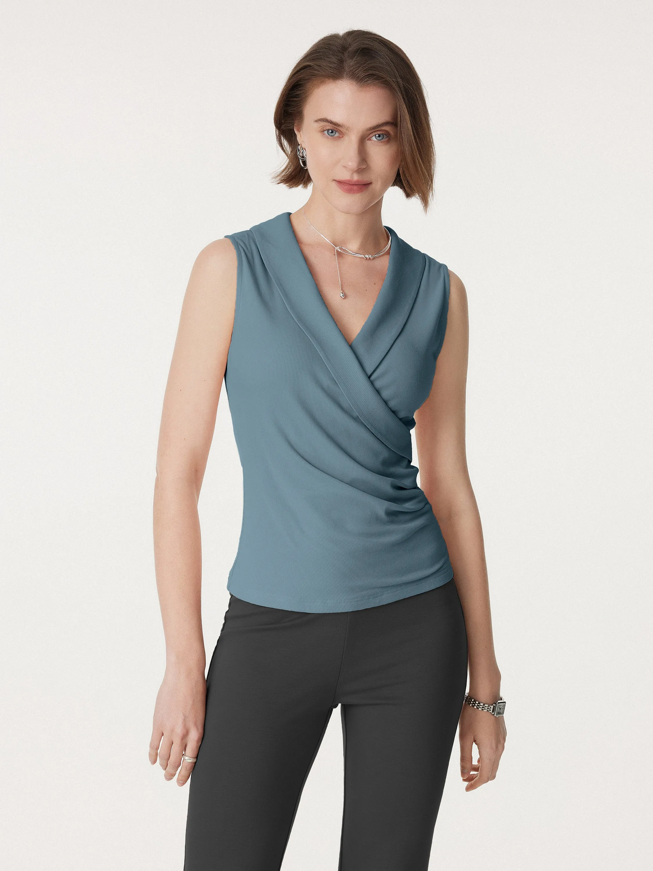 2Pcs Set Collared Surplice Tank & Mid Rise Pull-on Flared Pant sold by ogl move product image thumbnail 5